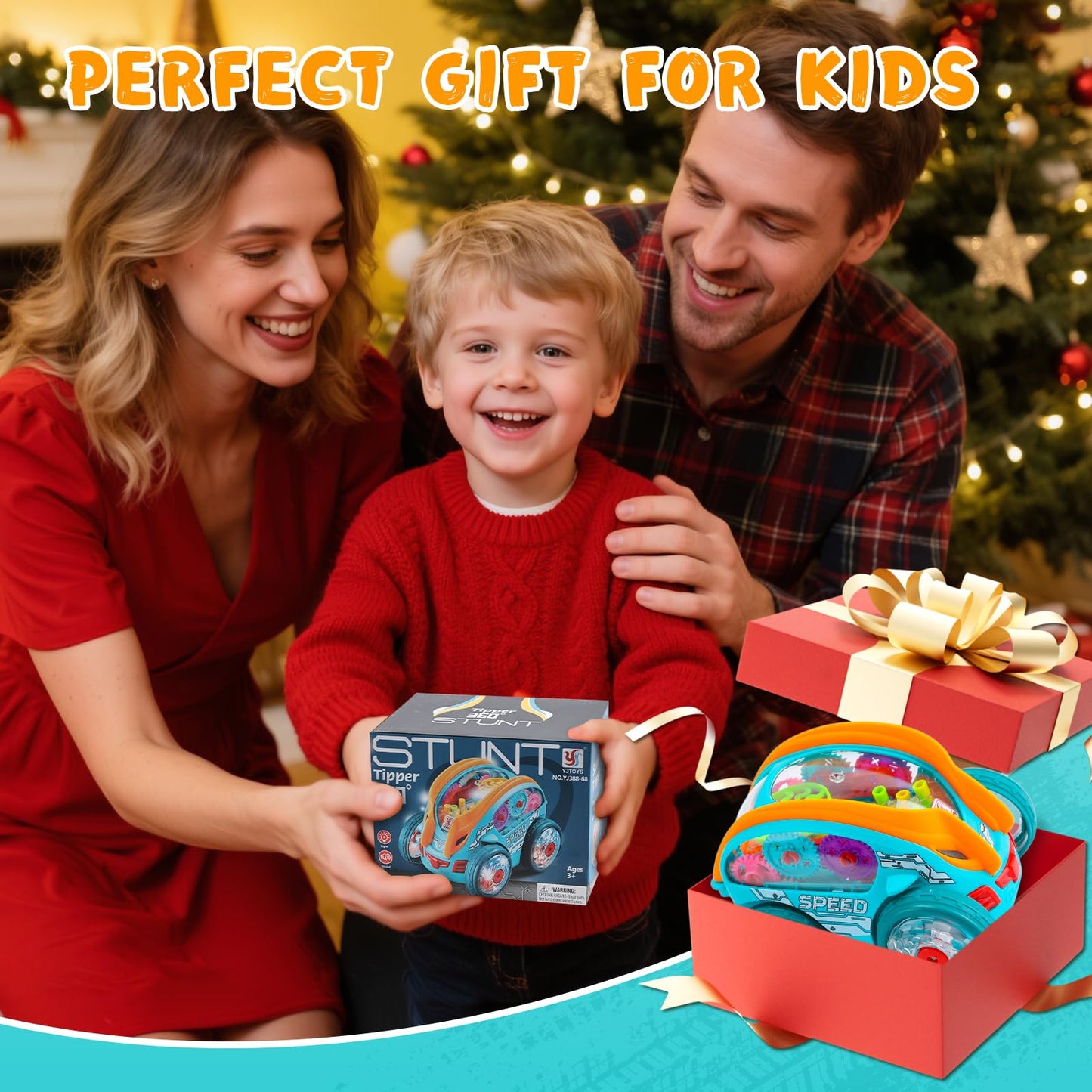 Light Up Transparent Sensory Car Toy - 360° Standing Rotation Roll Stunt Car, Bump and Go Toy Cars with Colorful Moving Gears & Music, Educational Toys for Toddlers, Best Gifts for Kids 1 2 3 4 Years