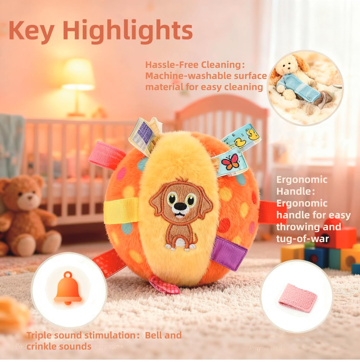 HEAT PAWS Dog Tag Toy,Squeaky Plush Toy,6-Inch Soft Stuffed Cotton Ball, Built-in Bell,Interactive Retrieval Toy for Puppies & Small Medium Dogs, Puppy Play Gym & Busy Toys