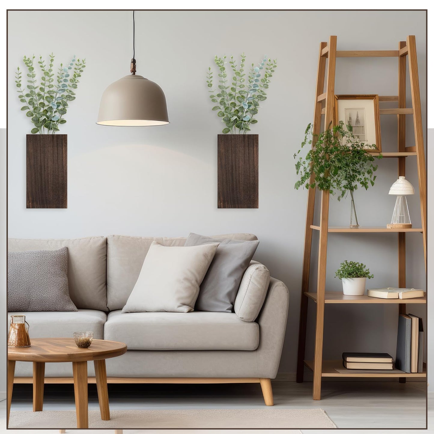 Vesici 2 Pack Wood Wall Planter Vase with Artificial Plants Indoor Plants Holder Pocket Farmhouse Wooden Vases Wall Flower Hanging Plant Decor for Bedroom Kitchen Office Home(Eucalyptus,Wood)