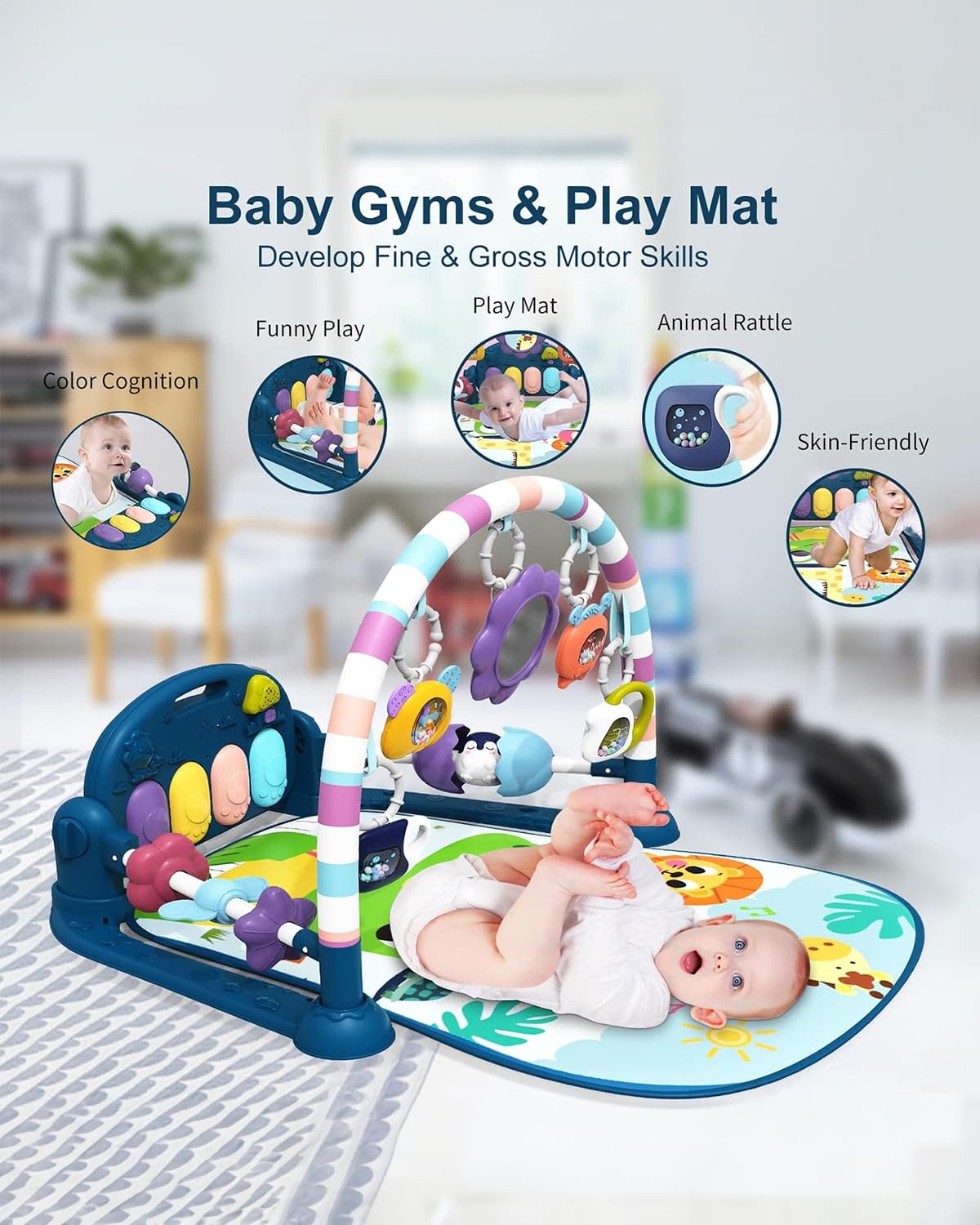 dearlomum Baby Play Mat Gym, Funny Play Piano Tummy Time Activity Mat with 5 Infant Sensory Toys, Music and Lights, Boy & Girl Gifts for Newborns 0 to 3 6 9 12 Months(New Blue)