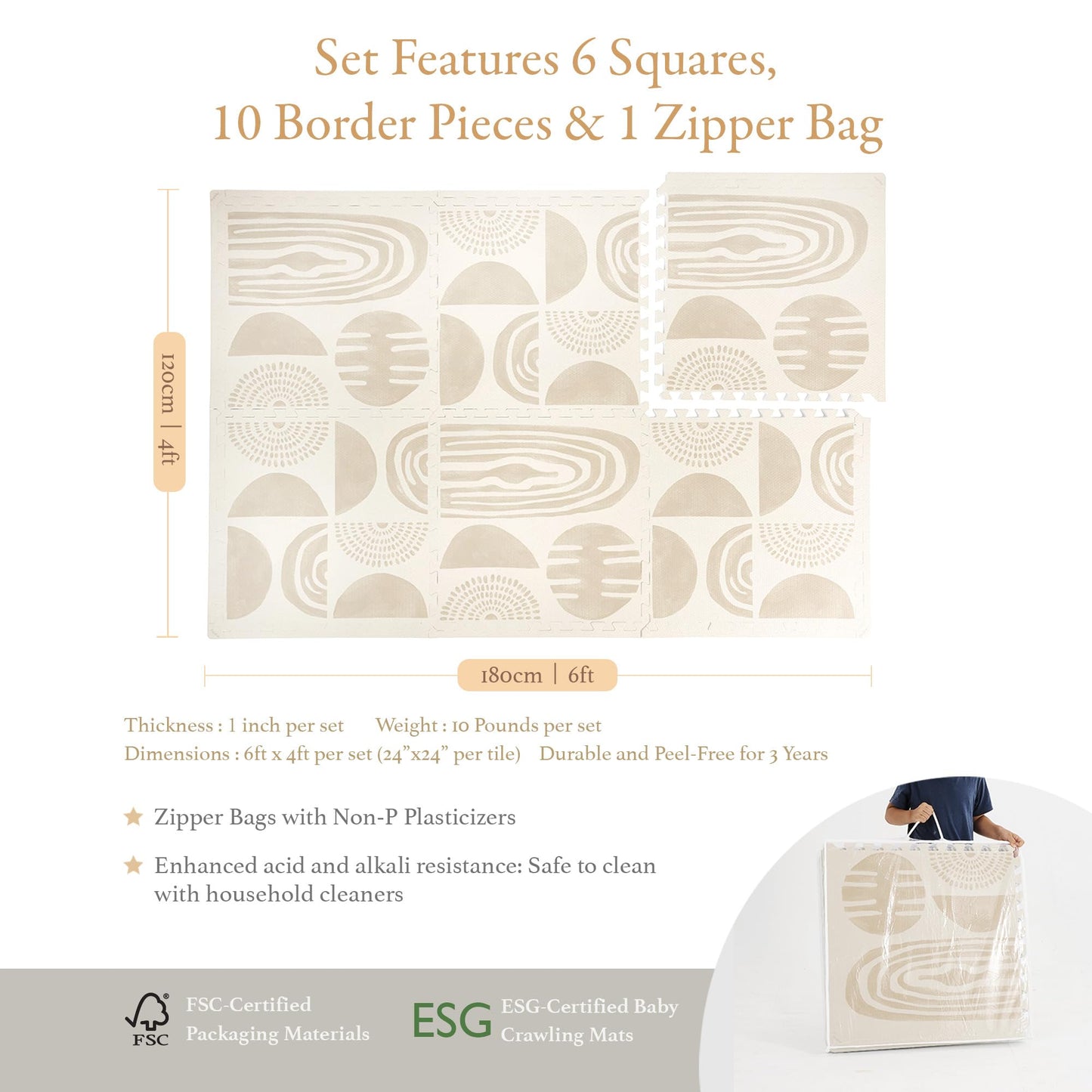 PopsyKosy Premium Baby Floor Play Mat - Extra Thick & Cushioned 1 inch Playroom Foam Mat, Non-Toxic Odorless - 6 Tiles - Spacious 6x4 ft. - Stylish & Large, Waterproof for Kids & Toddlers- Desert Sand