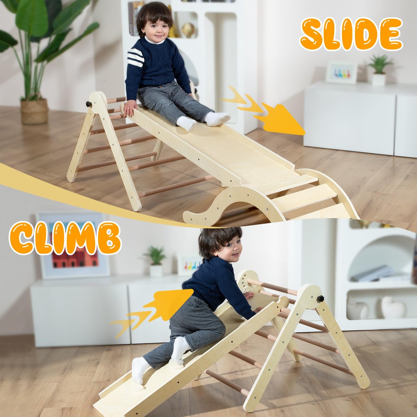 bbgroundgrm Pikler Triangle Set Climber 5 in 1, Toddler Climbing Toys Indoor Folding with Ramp & Arch for Montessori Play Gym for Toddlers and Kids (Natural)(99" Wx21 Dx23 H)
