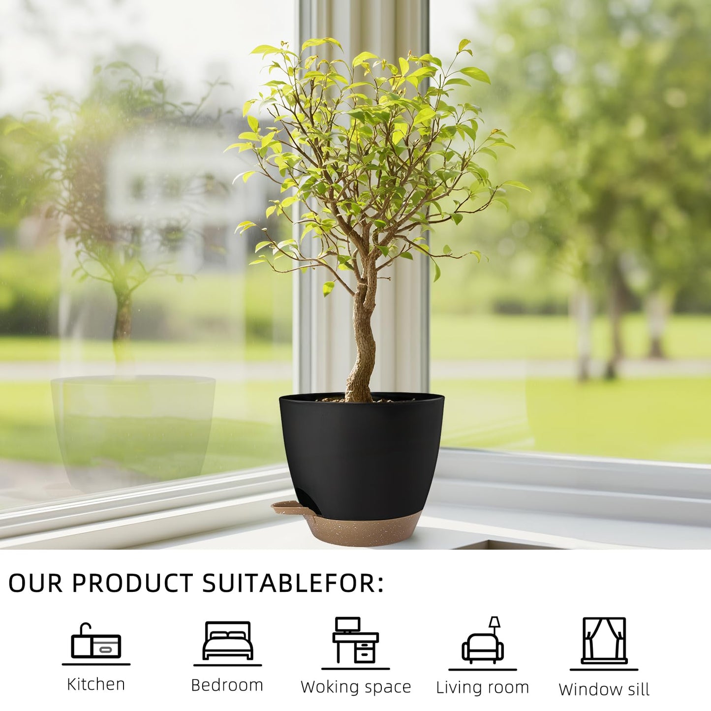 Hylitong Plant Pots 8/7.5/7/6.5/6 Inch Self Watering Pots,5 Pack Planters with Drainage Holes and Saucers,Plastic Flower Pots,Nursery Planters for Indoor Outdoor Plants (Black)