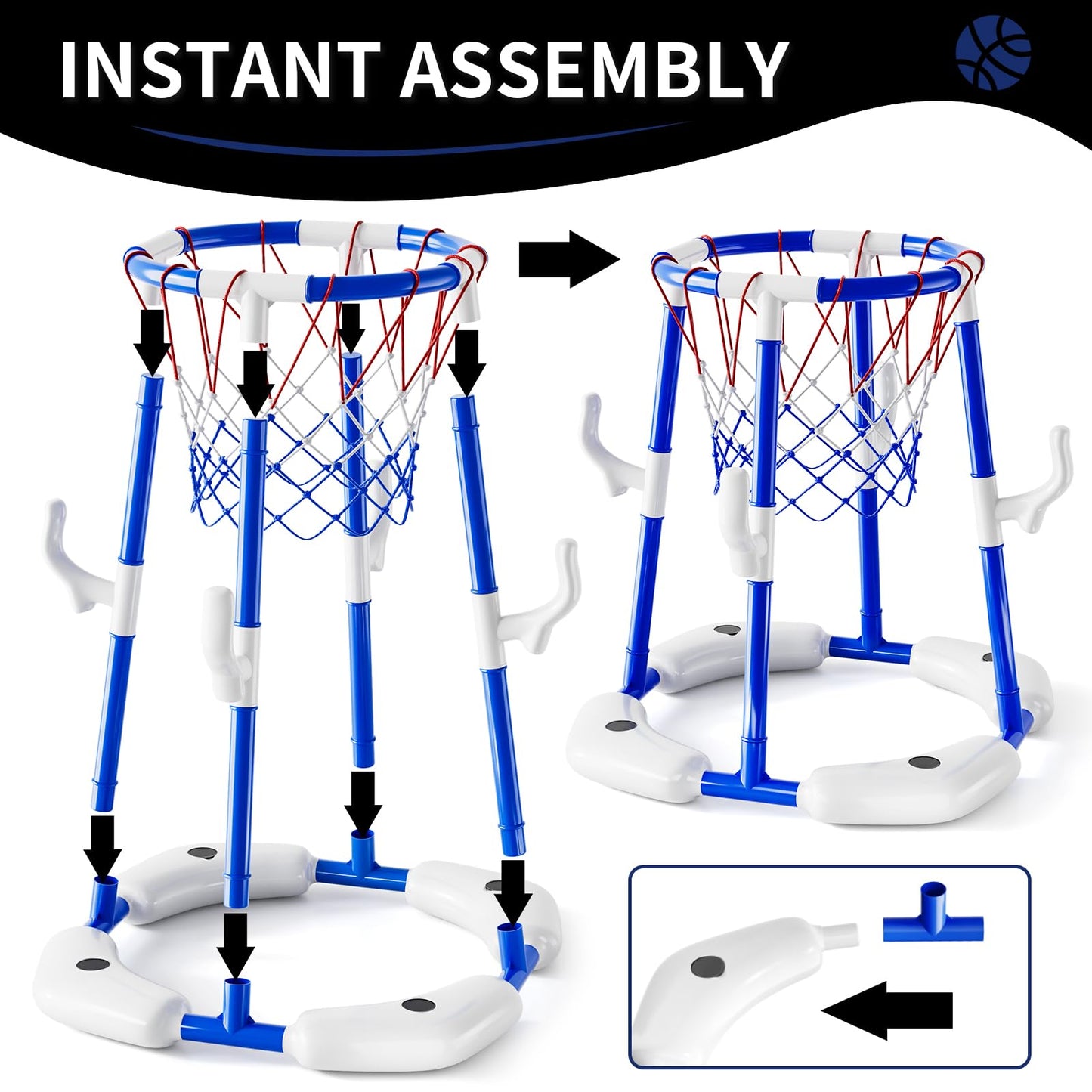 2-in-1 Pool Basketball Hoop & Ring Games with 4 Balls 12 Rings and Pump, Summer Water Outdoor Party Swimming Pool Toys Games for Kids Ages 4-8 8-12 Adult, Family Party Easter Birthday Games Toys