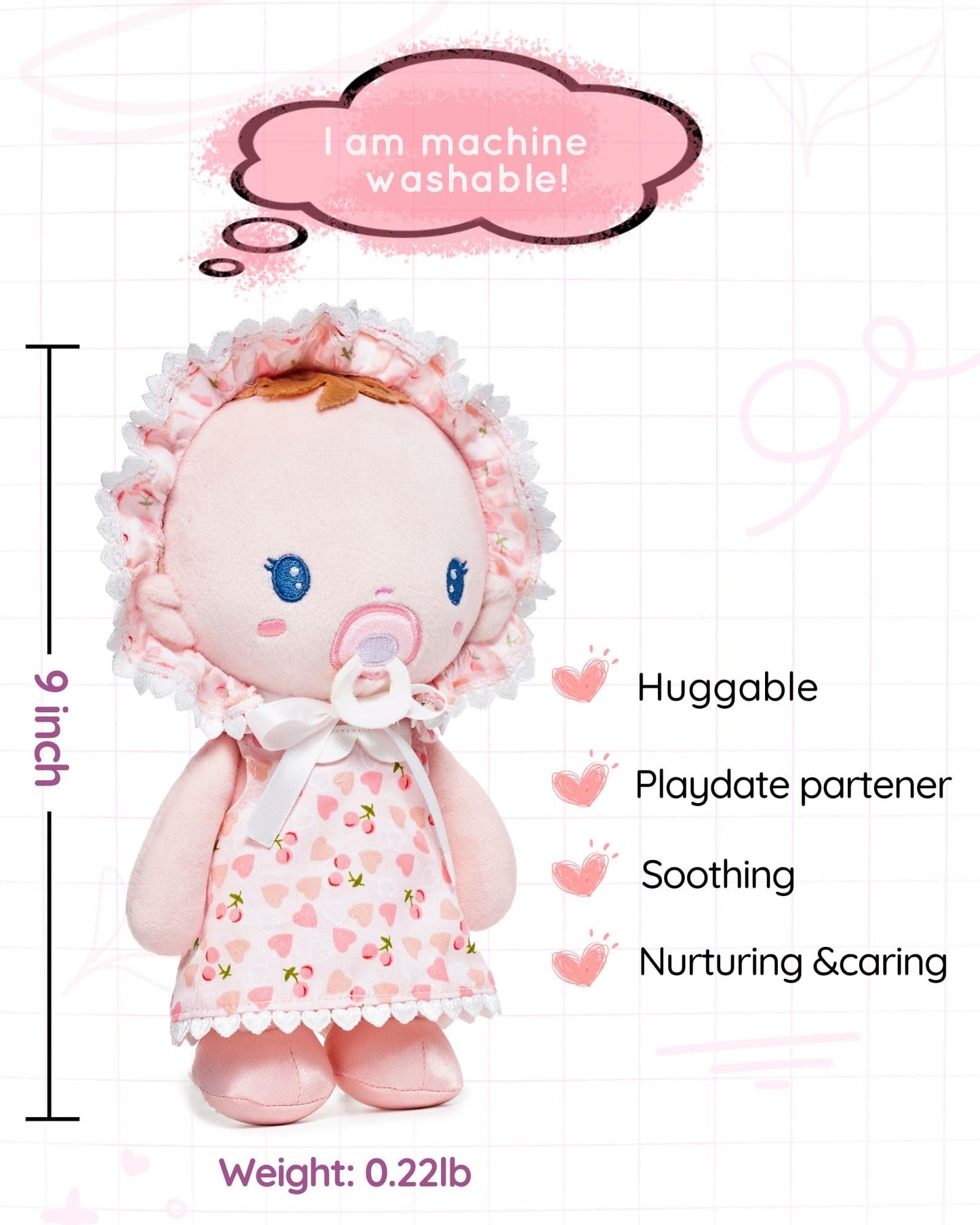 LeyaDoll Soft Baby Doll Toys (9''), My First Baby Rag Doll for 1 Year-Old Girl Birthday Gift, Christmas Plush Toys Gift for Toddler Kids Infants-Cherry Baby