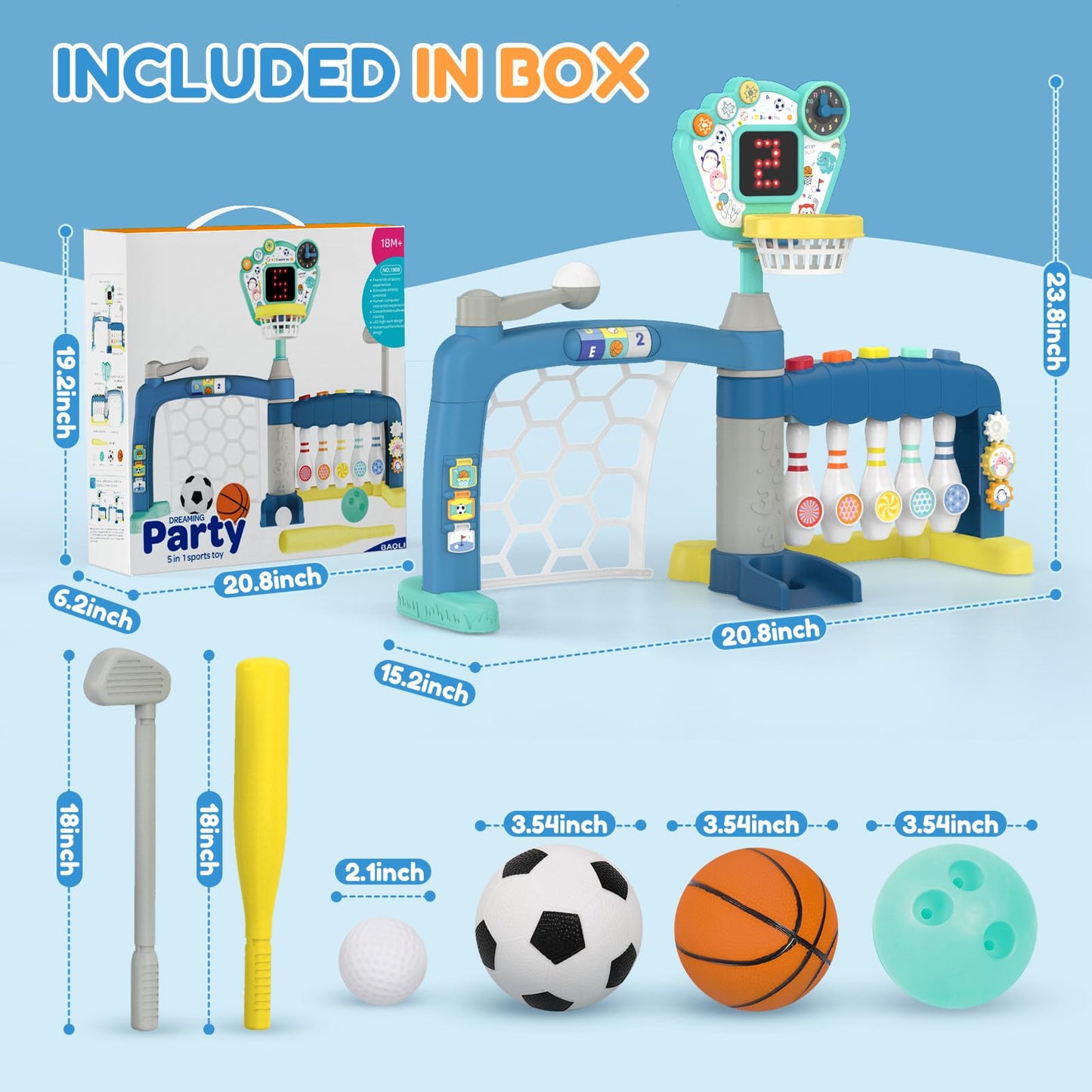 AIGIMU Toddler Sports Toys, 5-in-1 Toddler Basketball Hoop Soccer Bowling Baseball Golf Activity Center, 1 2 3 Year Old Boys Girls Toy, Toys for Toddlers & Baby