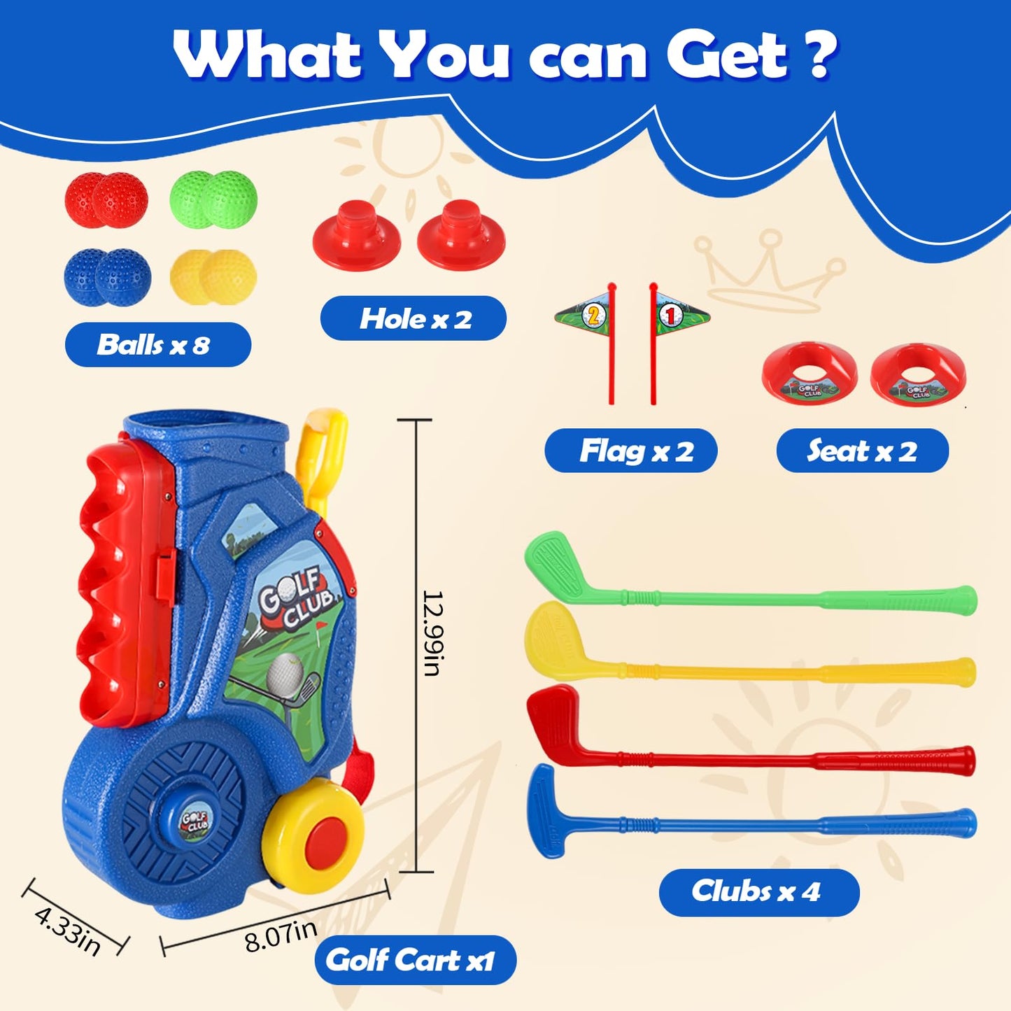 SUPER JOY Toddler Golf Set, Kids Golf Cart with 4 Clubs & 8 Balls, Indoor Outdoor Kid Golf Clubs for 3-5 Boys Girls, Mini Golf Birthday Gifts for Baby 3-5 Years Old