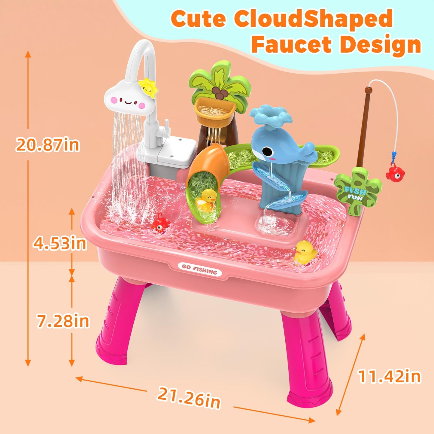 Water Table for Toddlers 1-3,Water Table with Pump,Role Play Sensory Toys,Toy Kitchen Sets for Kids Ages 4-8, Play Sink with Running Water & Electric Faucet,Outdoor Toys for Toddlers 1-3(Pink)