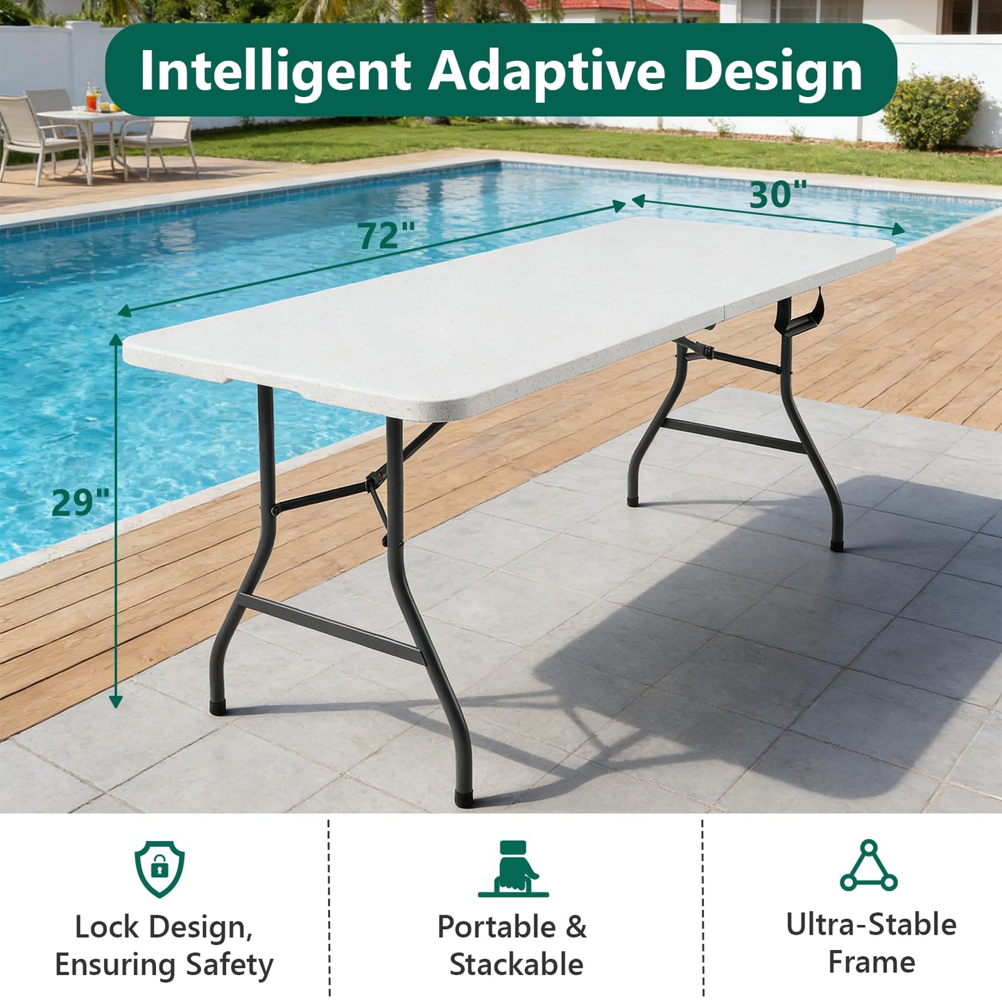 FurniEdge 6FT Folding Table 2 Pack, Heavy Duty Plastic Table with Handel, 400 lbs Portable Table, Reinforced Steel Legs, Fold-in-Half Table Ideal for Parties, Picnics, Weddings, Camping White