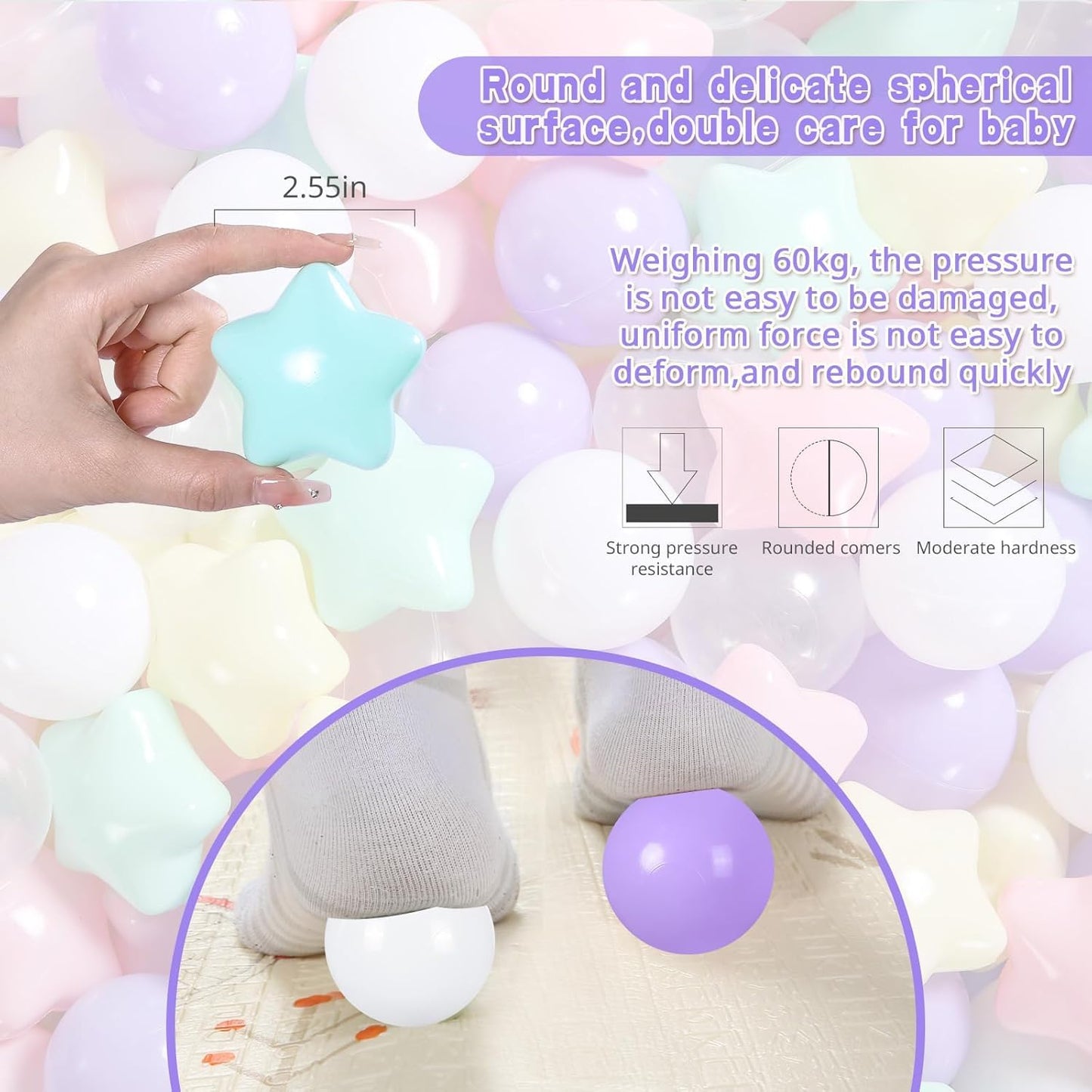 Heopeis Star Balls for Ball Pit,50 200 500 Plastic Balls with Stars Phthalate Free BPA Free for Playhouse, Baby Pool, Play Ball Fun Centers, for Babies, Kids, Toddlers 1-3 Indoor Outdoor