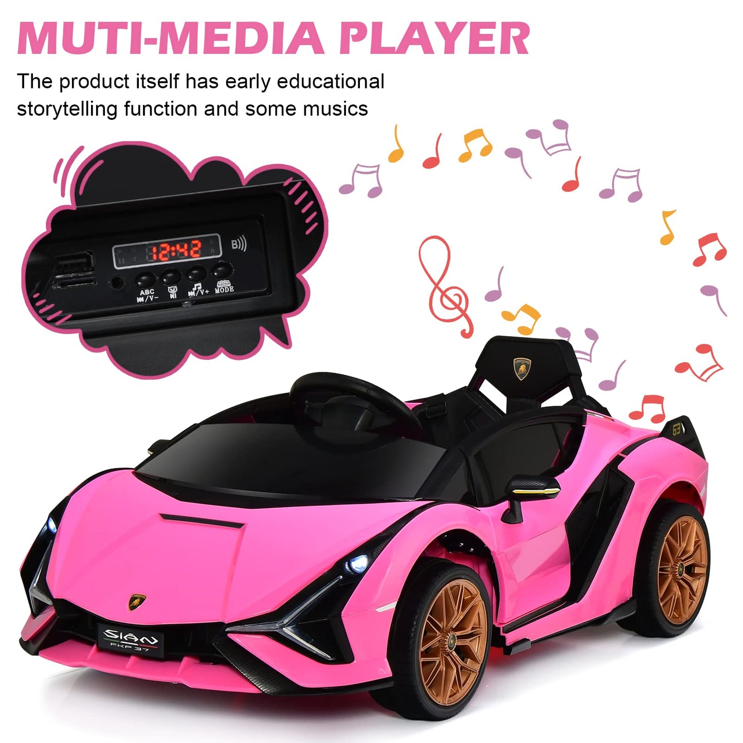 INFANS 12V Licensed Lamborghini Sian Kids Ride On Car with Parent Remote Control, Spring Suspension, MP3 Player, Electric Toy Roadster Carbon Fiber Textured for Toddler (Pink)