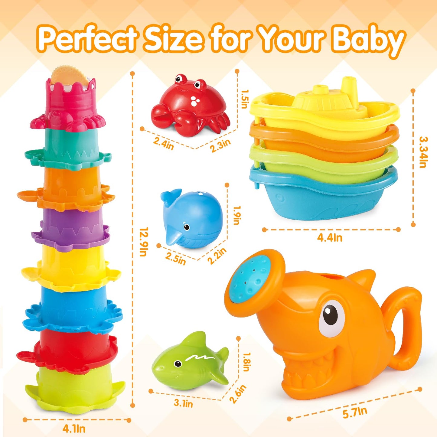 Water Table Toys for Toddlers 1-3, 16PCS Bath Toys for Babies 6-12 Months wtih Floating Boats, Stacking Cups, Shark Water Can & Marine Animal Silicone Toys, Pool Beach Idea Gift for Boys Girls