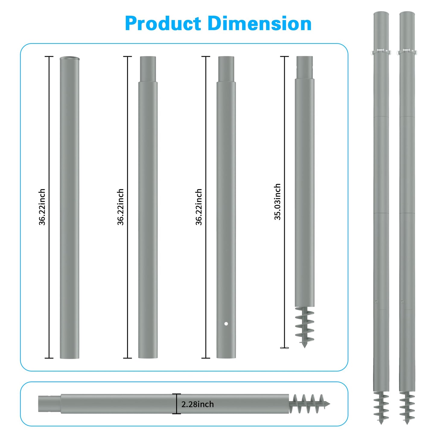 Miveda Shade Sail Poles, 12Ft Sun Shade Sail Poles with Spiral Drill Bit, 2.26" Diameter Heavy Duty Shade Sail Post with D-Clamp for Garden Yard Backyard, 2 Pack