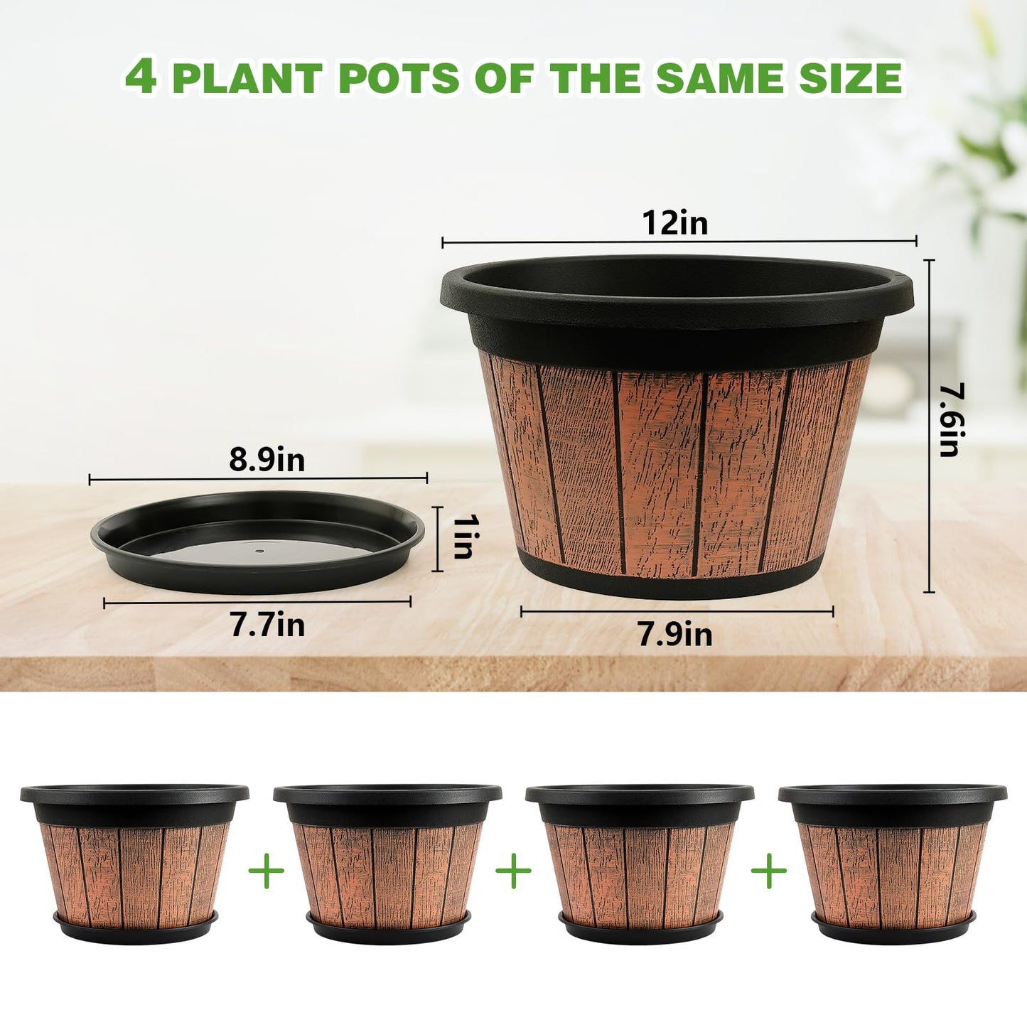 Quarut 4 Pack 12 inch Plant Pots,Whiskey Barrel Planters with Drainage Holes & Saucer,Plastic Decoration Flower Pots Retro Design,Planters for Outdoor Indoor Garden Home Plants (Brown)