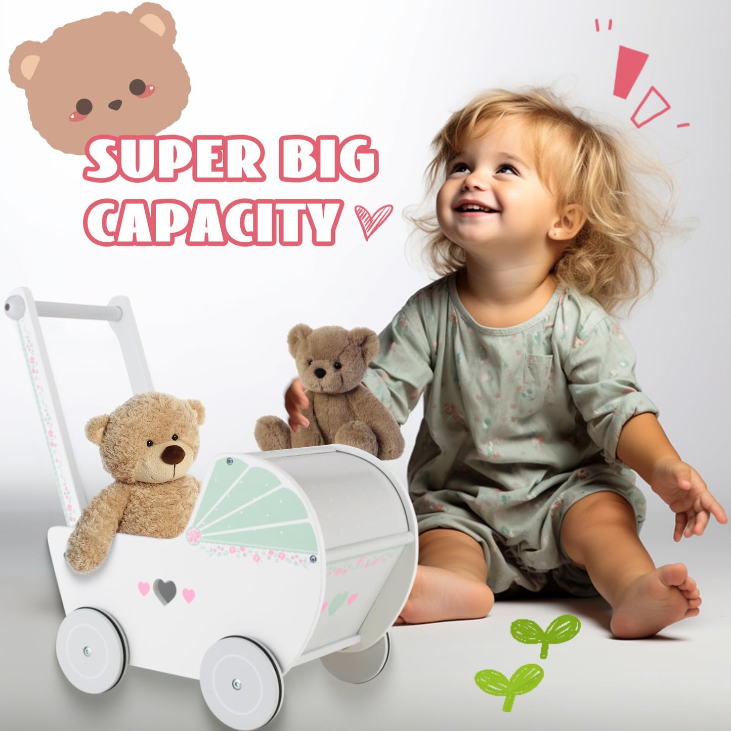 WOODENFUN Wooden Baby Push Walker for 1 Year Old and up, Toddler Shopping Cart Push Toys for Boys Girls