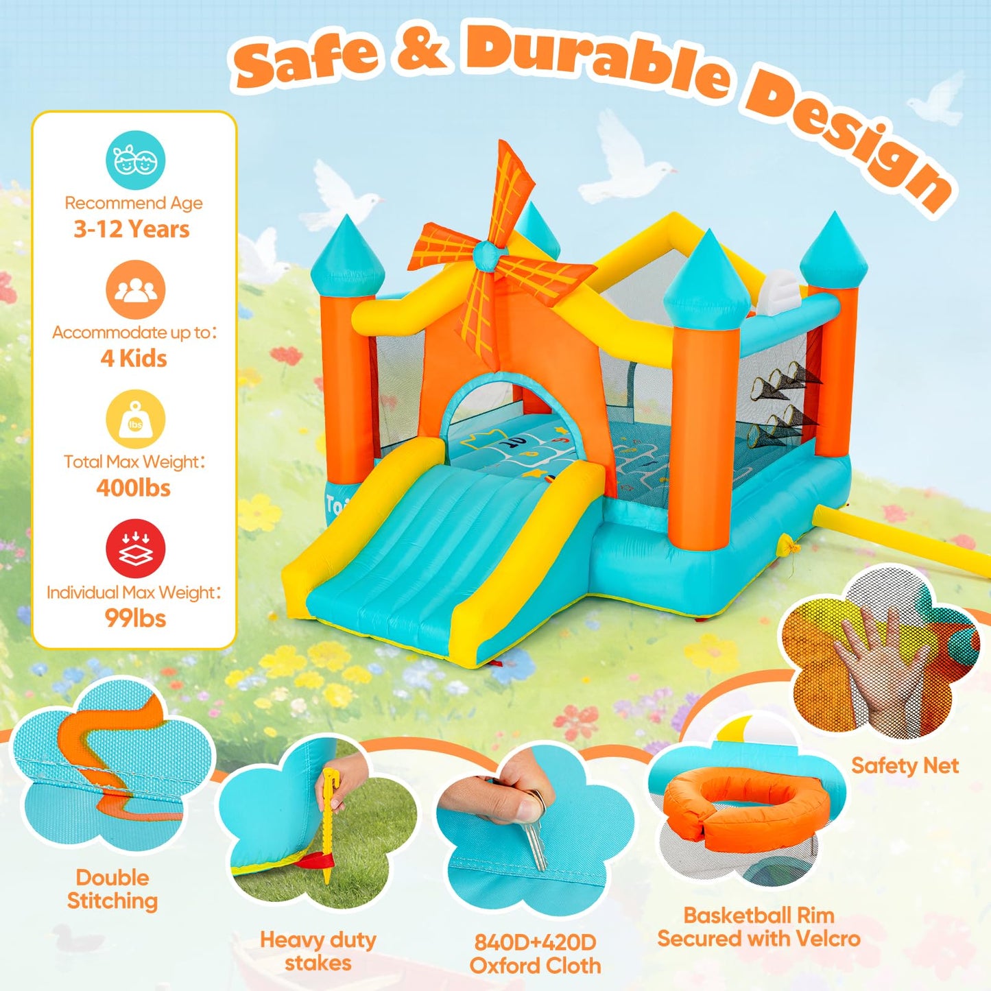 Bounce House for Big Kids 5-10, Large 12.5 × 10FT Windmill Inflatable Bouncy Castle, with Slide & Dual Basketball Hoops & Spacious Jump Area, Outdoor Backyard Birthday Party, with 550W Blower