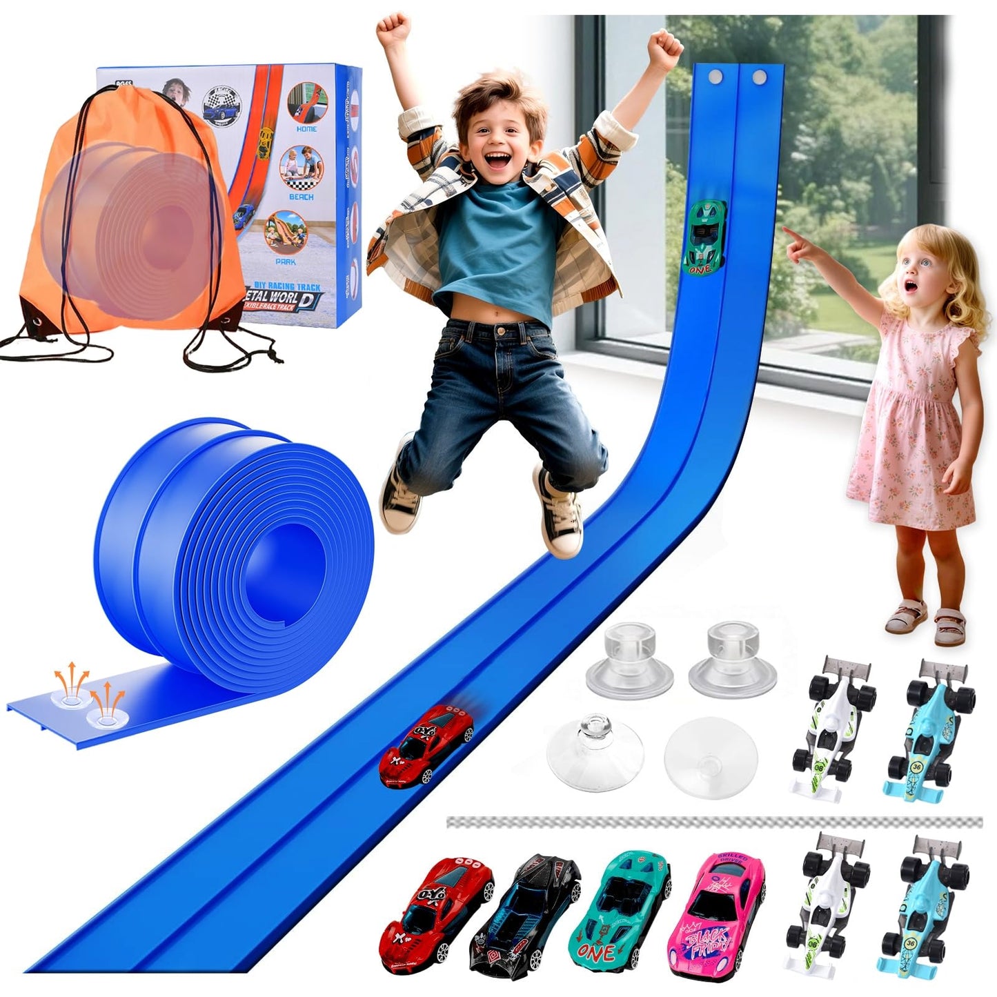 Flexible Car Track for Kids: 15 Ft of Portable Roll-Up DIY Flexible Race Track with 8 Cars & 4 Strong Suction Cups Car Ramp Toy Track, – A Great Birthday for Boys & Girls Ages 3+ (Blue)