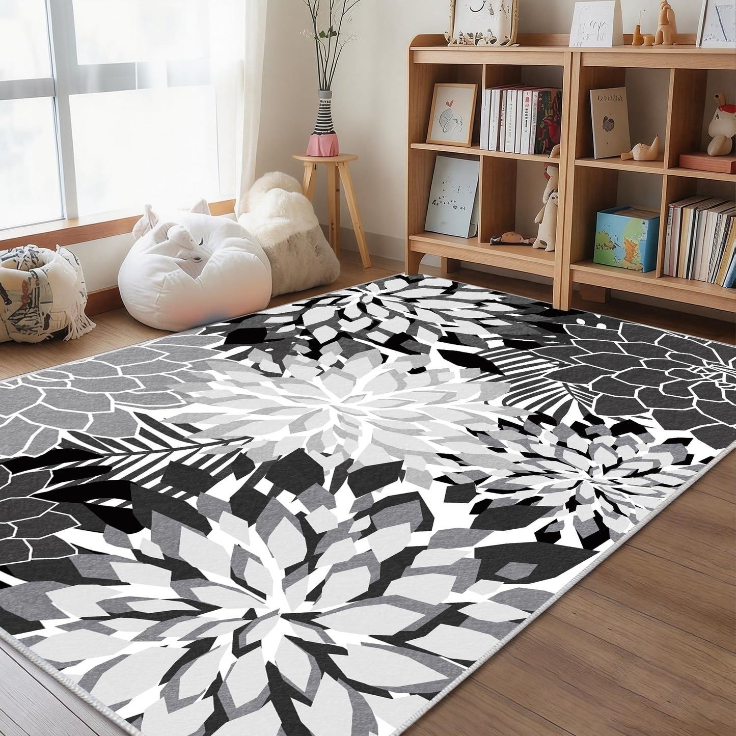 ZonLi Outdoor Rug 8x10Ft Waterproof Multicolored Black White Indoor Area Rug Washable Outdoor Patio Rugs Tropical Floral Non Slip Outdoor Carpet for Living Room, Pool,Backyard,Deck,Camping.