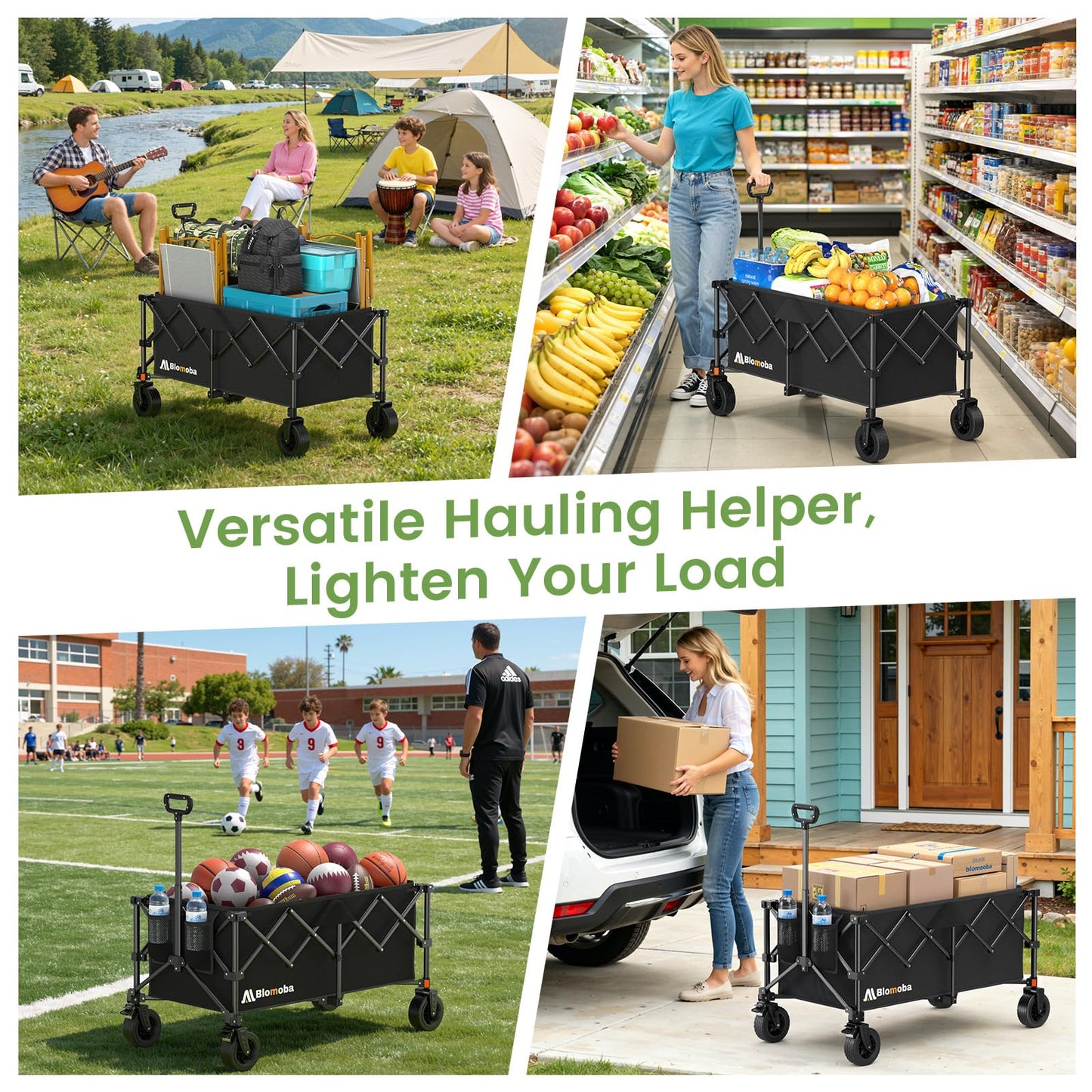 Blomoba Collapsible Wagon Cart, 330LBS Heavy Duty Folding Cart with Wheels 360° Rotation, Built-in Brakes, Flexible Handle, Portable Utility Wagon for Grocery Sports Garden Shopping Camping