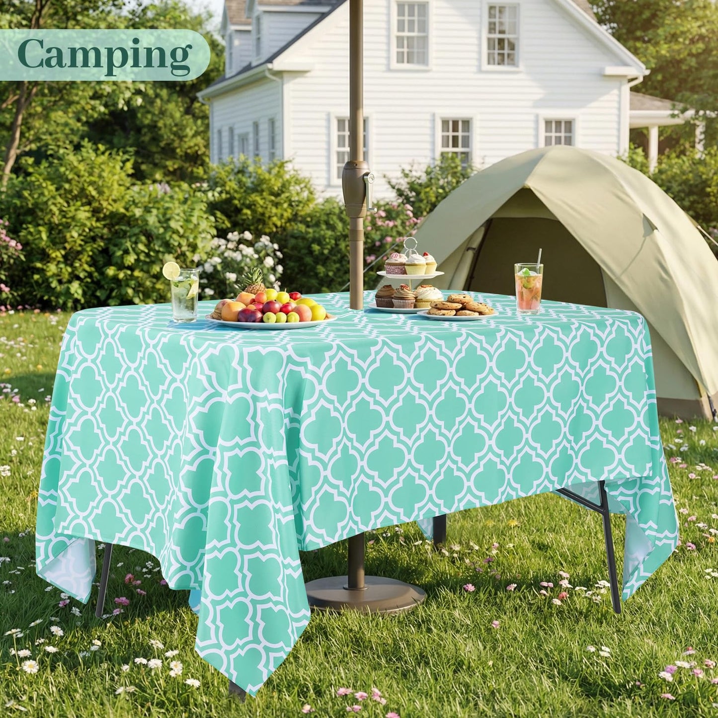 Eternal Beauty 60''x84” Rectangle Tablecloth Waterproof Outdoor Tablecloth with Umbrella Hole Zipper for Patio Spring Summer Picnic Tables, Turquoise