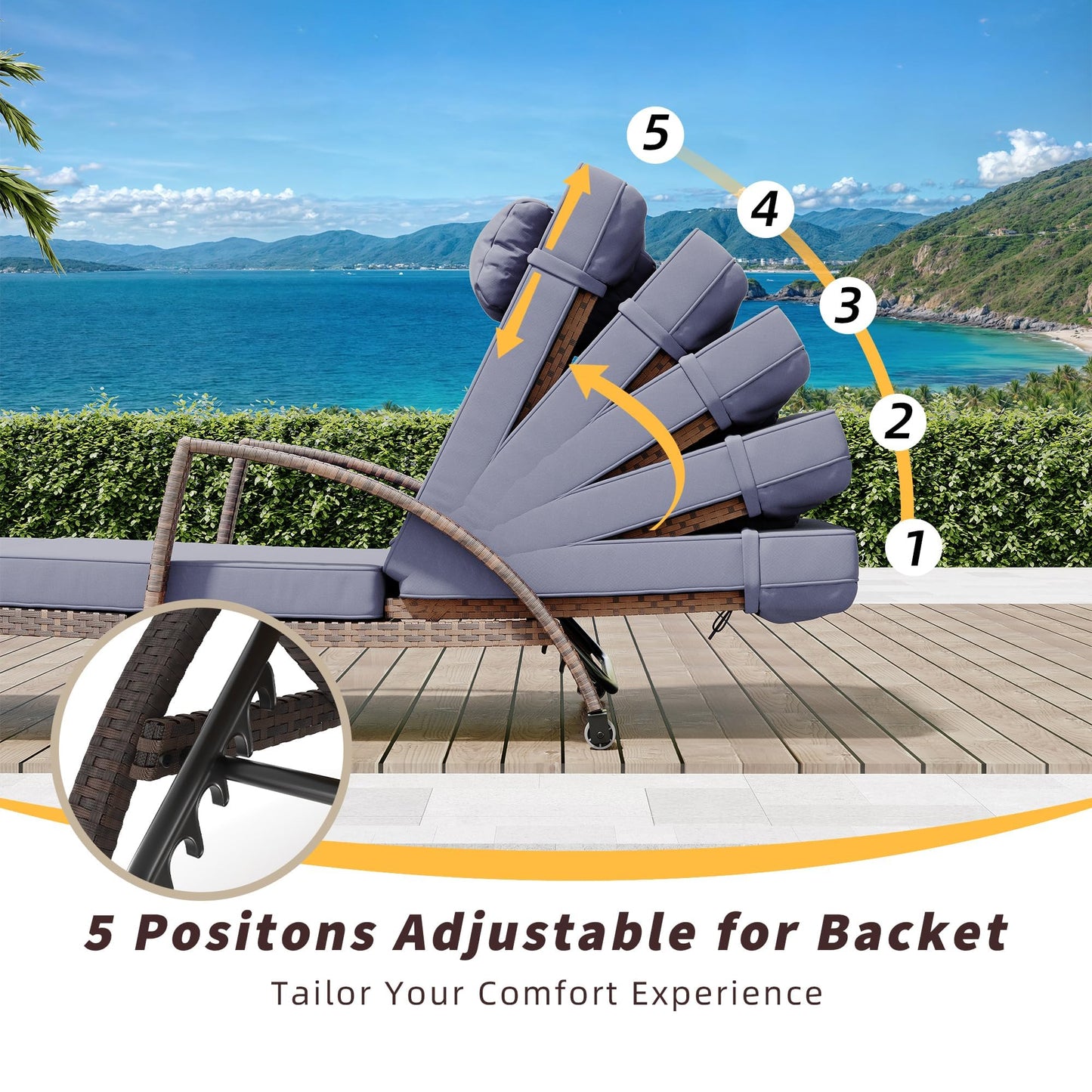 Set of 2 Chaise Lounge Chairs Outdoor, PE Rattan Wicker Poolside Recliners with 5-Position Adjustable Backrest, Blue Cushions, Armrests and Wheels, Patio and Garden Furniture for Beach and Backyard