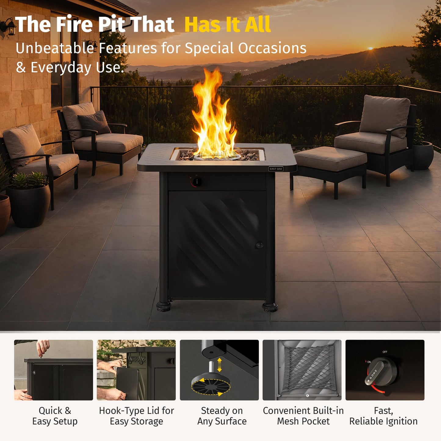 East Oak 28โ Outdoor Propane Fire Pit Table | 52,000 BTU Gas Fire Pit for Outside with Easy-Hook Lid, Mesh Pocket & Lava Rocks | CSA Certified | Ideal for Patio, Garden & Backyard | Black