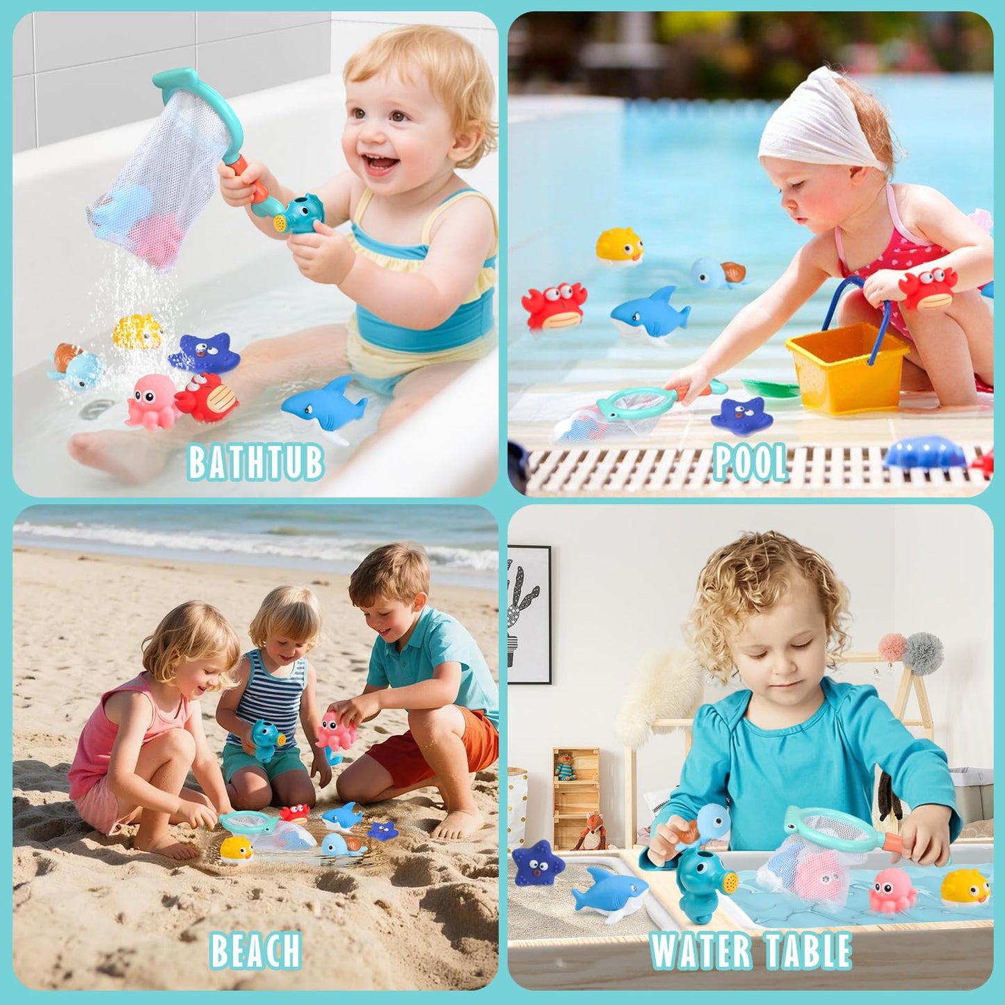 Mold Free Baby Bath Toys for Toddlers 1-3, No Hole Ocean Animal Bathtub Set with Mesh Organizer, Sensory Water Play for Infants 6-12 Months