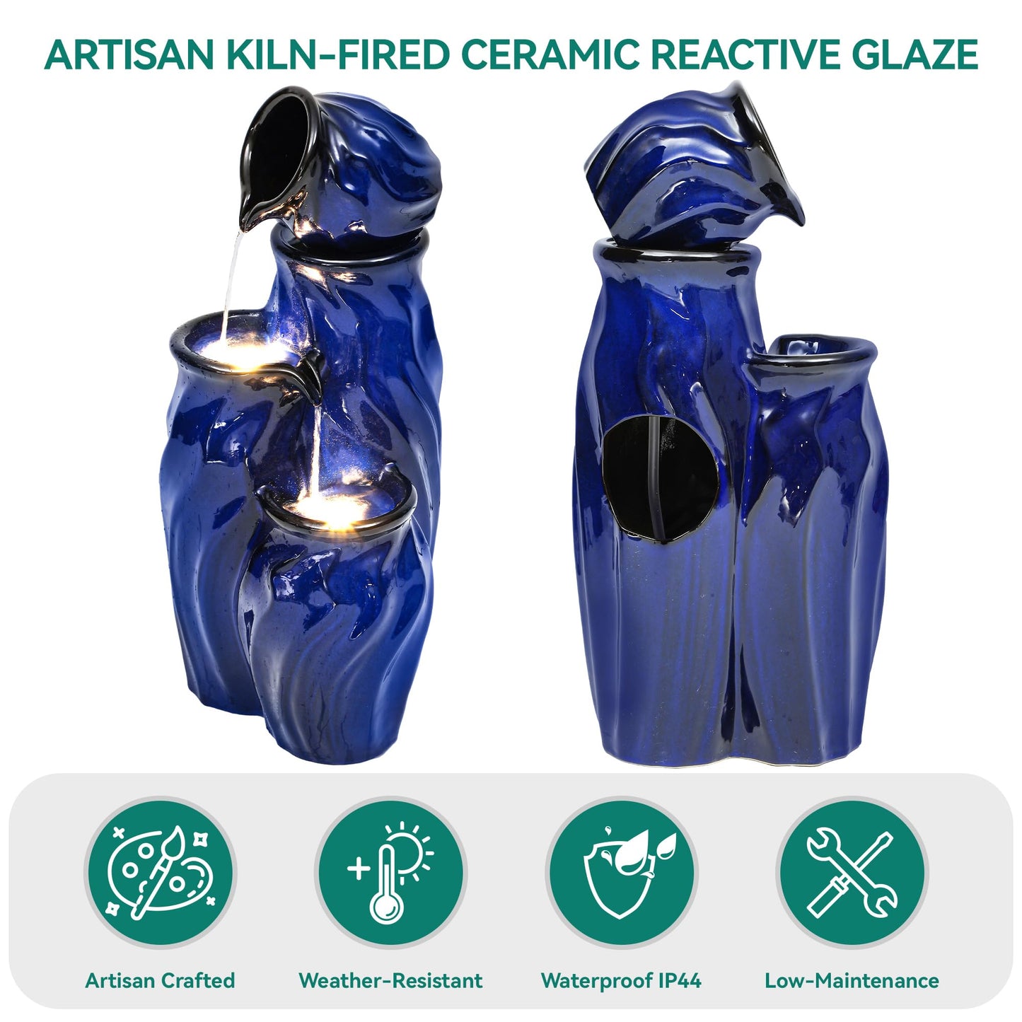 Ultym 29" Tall Ceramic Water Fountain Outdoor with LED Lights, 4-Tier Cascading Waterfall Garden Fountain, Ideal for Serene Relaxing Patio, Yard or Porch, Cobalt Blue Glaze, Dynamic Wave-Texture