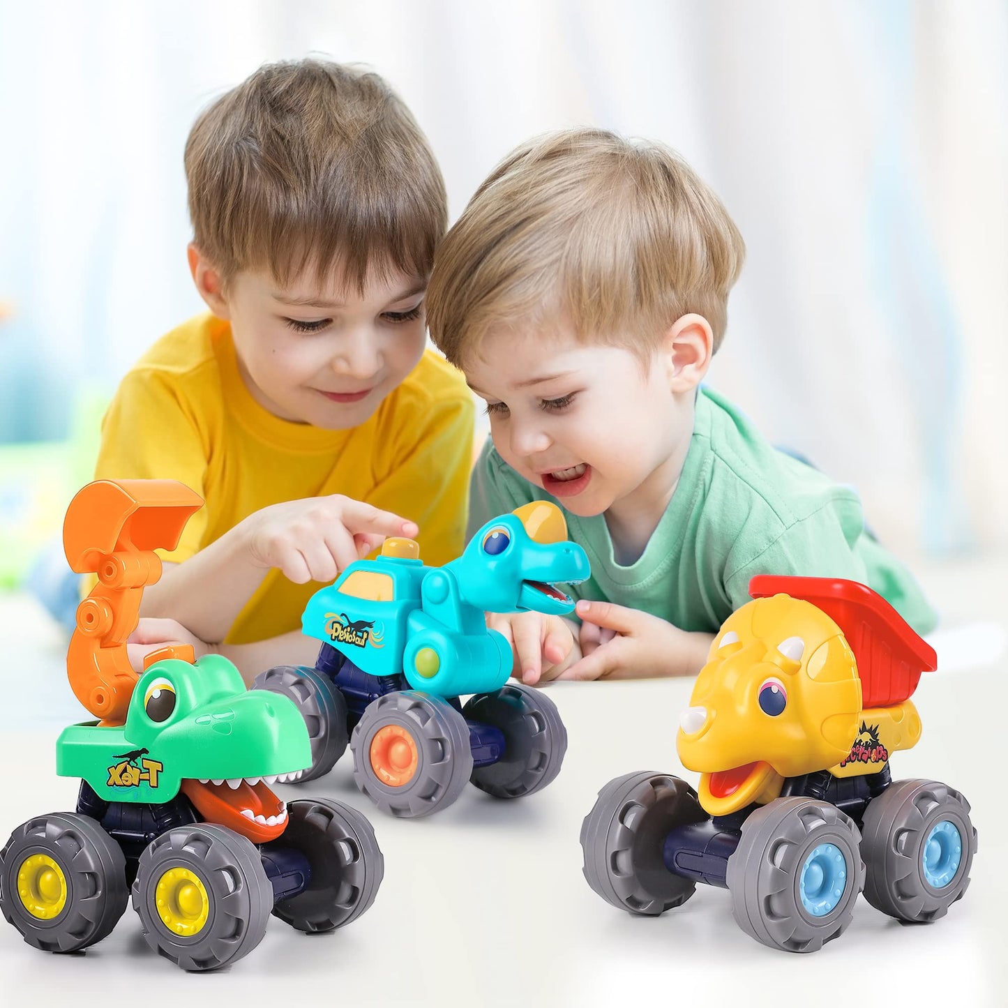 iPlay, iLearn 3PCS Dinosaur Monster Truck Toy, Baby Pull Back Car, Push Go Dinosaur Construction Trucks, BigWheel Play Vehicles, Birthday Gift 12-18-24 Month Toddlers 1-3, 2-4 Year Old Boy Kid Girl
