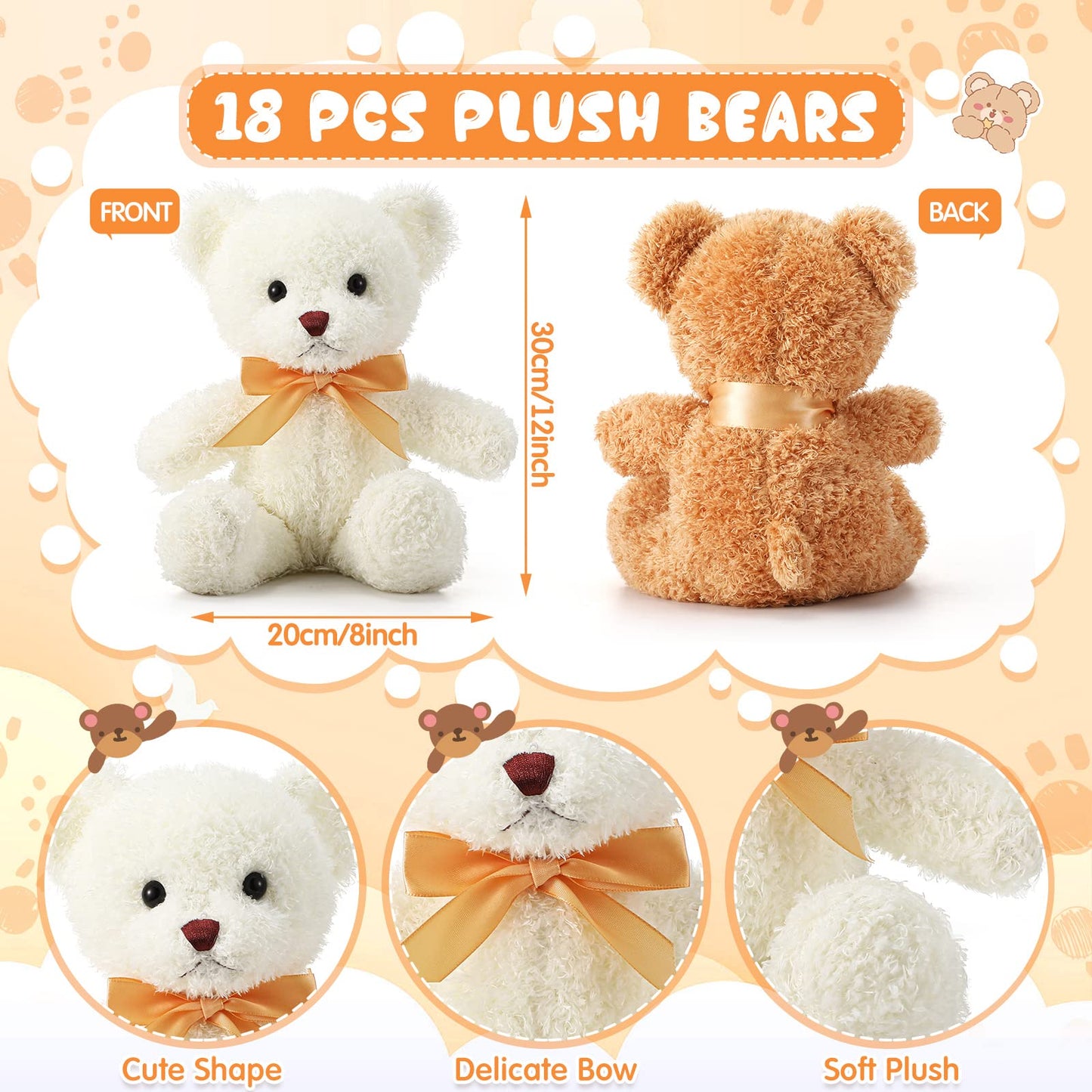 Lenwen 18 Pcs Bear Stuffed Animals Bulk 12 Inch Soft Plush Bears Doll Small Stuffed Toy for Boy Girl Baby Shower Valentines Galentines Birthday Decor Gift Party Favors(Light Brown, White)