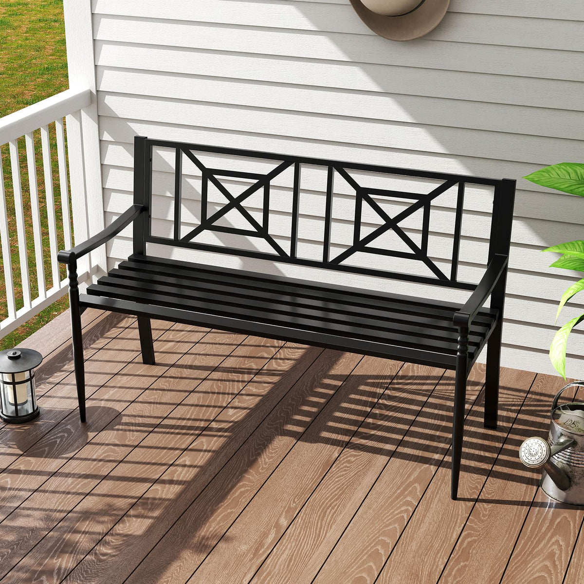 Giantex Metal Outdoor Bench with Backrest, Curved Armrests, Non-Slip Foot Pads, Slatted Seat for 2-3 Persons, Load 660lbs, Loveseat, Patio Bench for Garden, Yard, Poolside, Lawn, Porch, Park, Black