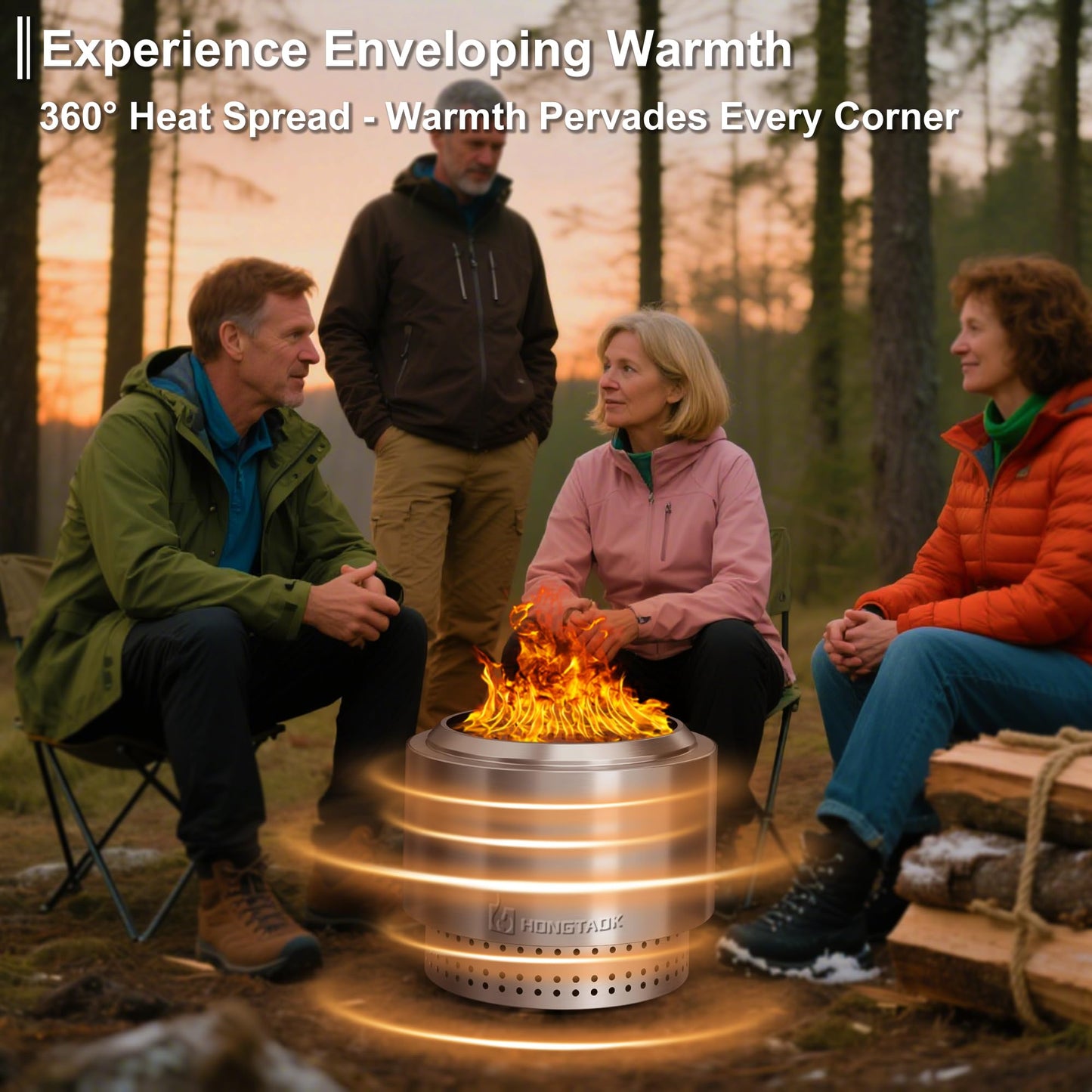 HongTaok 20 Inch Smokeless Fire Pit with Removable Ash Pan, Fire Pits for Outside Wood Burning, Portable Bonfire Outdoor Firepit, Waterproof Bag & Poker Included, Stainless Steel, Camping Backyard