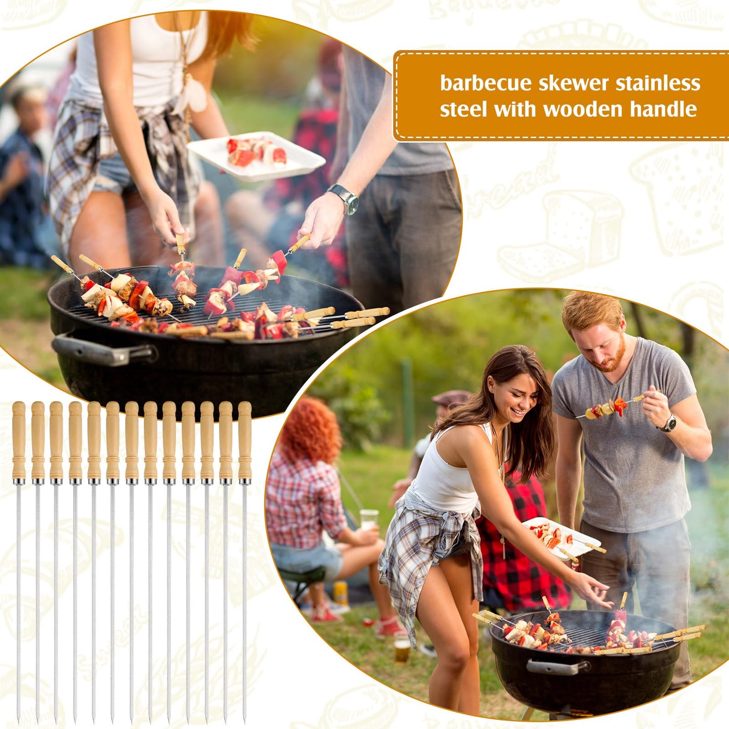 Minatee 16 Inch Kabob Skewer with Wood Handle for BBQ Camping Cookware Campfire Grill Cooking, Stainless Steel, Metal Skewers for Kabobs with Wood Handle (50 Pcs)