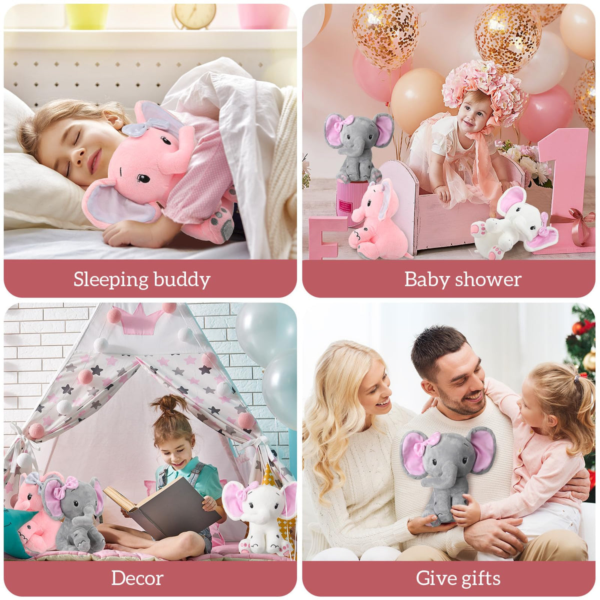 HyDren 12 6 Pieces Elephant Stuffed Animals 8 Inch Big Ear Stuffed Elephant Animal Plush Toy Gift for Baby Shower Boys Girl, Woodland Nursery Bed Decor Birthday Party Supplies (Pink)