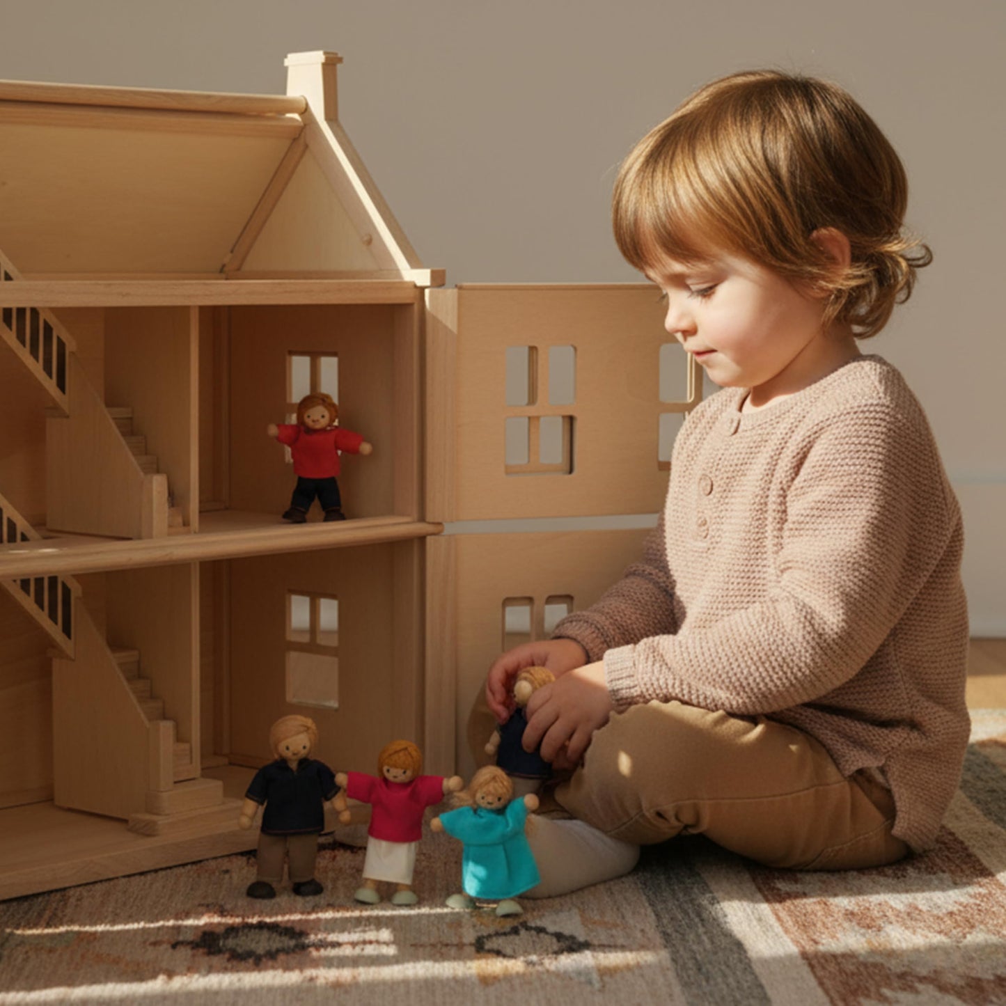 PlanToys® Family Wooden Dollhouse Figurine Set | 4 Poseable 1:12 Scale Mini Dolls (Parents & Kids) | Dollhouse Accessories for Pretend Play | Eco-Friendly Montessori Toy for Kids Ages 3+