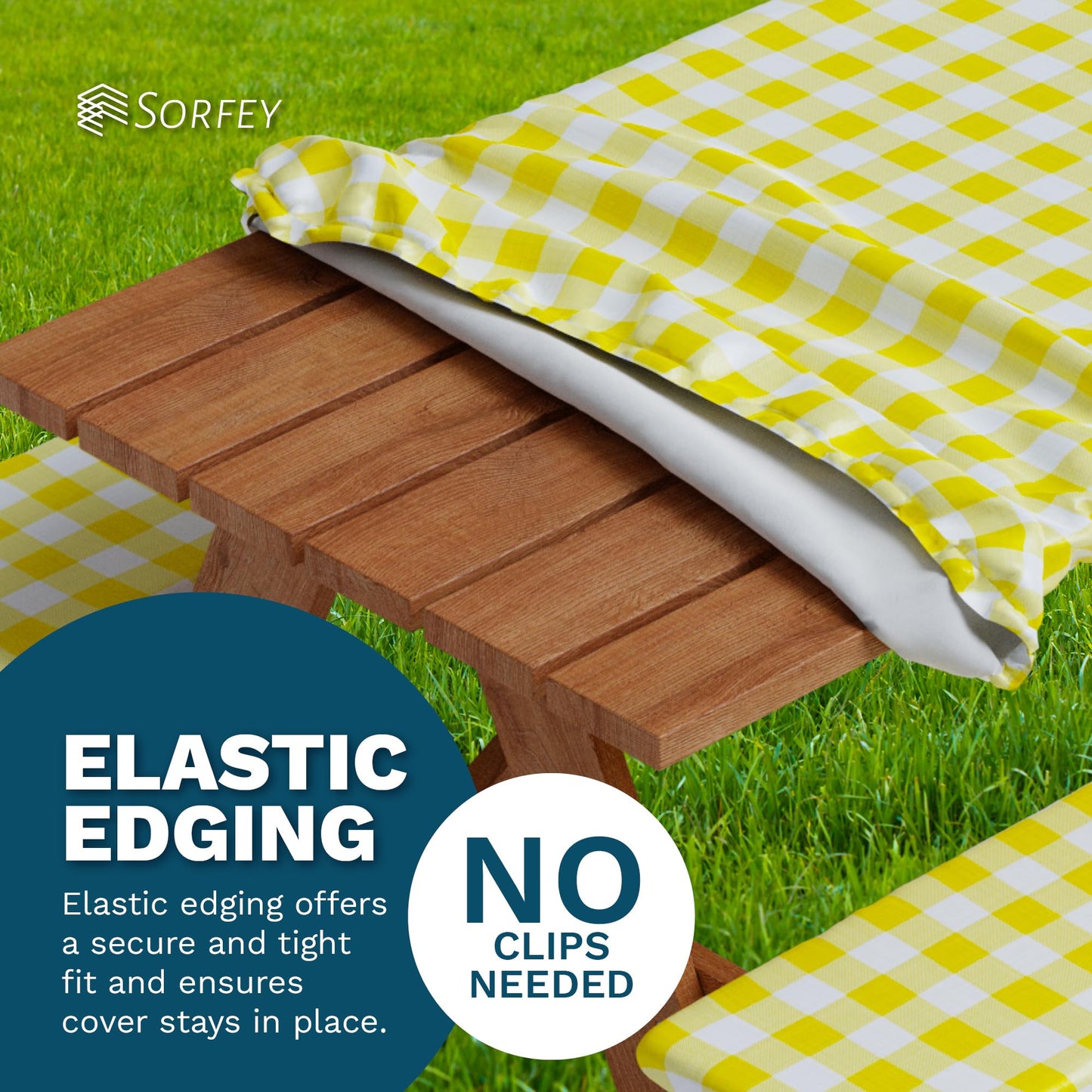 Sorfey Picnic Table Cover with Bench Covers -Fitted with Elastic, Vinyl with Flannel Back, Fits for Table 30"x 60" Rectangle,Water Proof, Solid Yellow Design