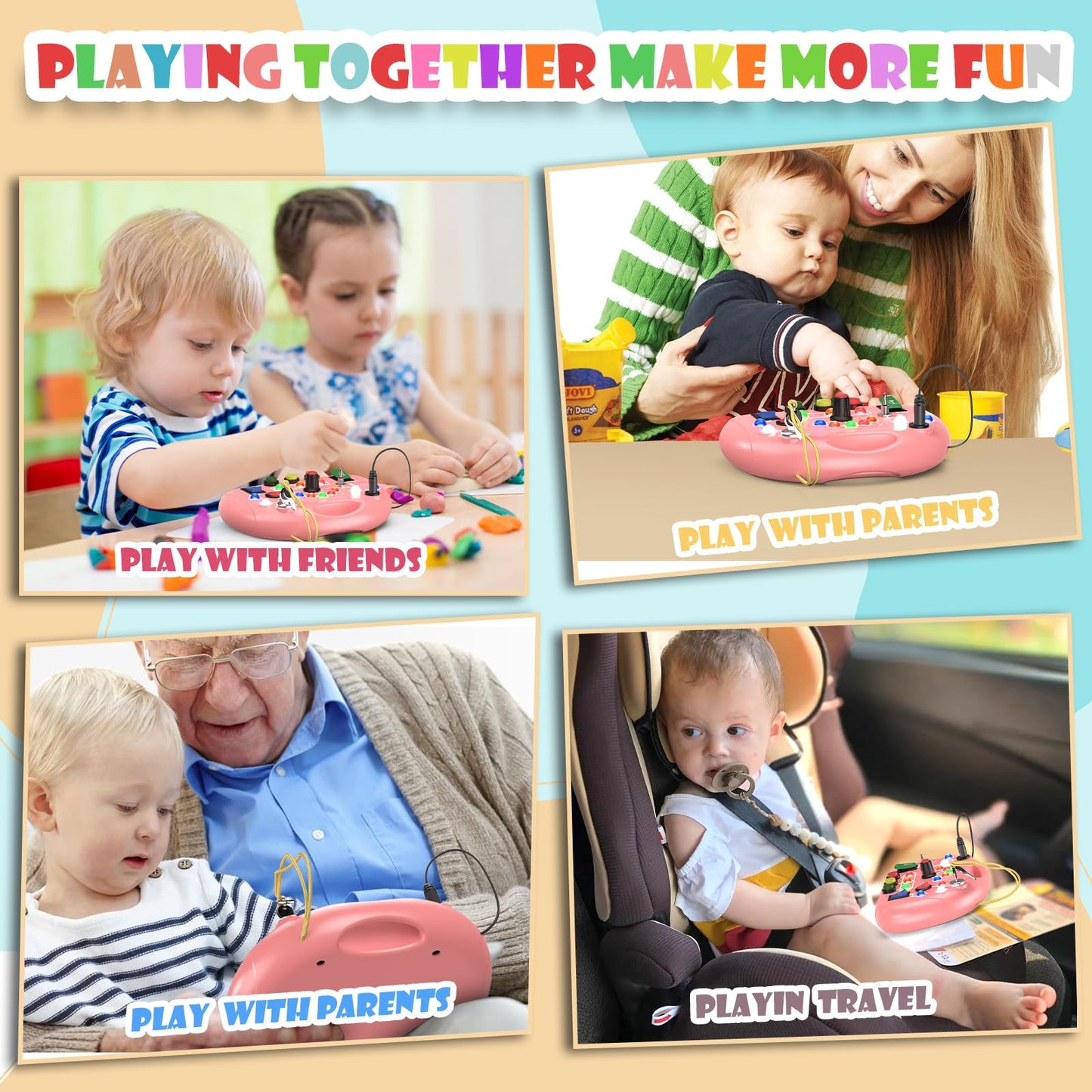 JIWORT Montessori Busy Board with LED Light for Toddlers 2-4 Year Old, Sensory Toys with Sounds & Switches, Car Driving Travel Toys for Kids, Preschool Busy Book Boy and Girls Birthday Gifts (Pink)