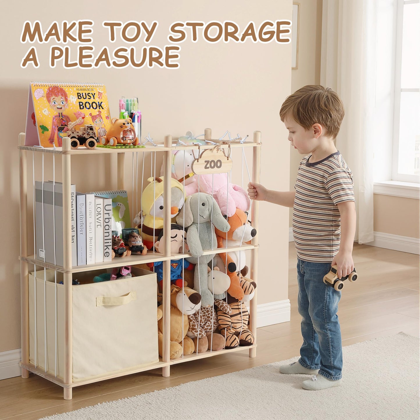 LAMU Stuffed Animal Storage and Kids Bookshelf, Wooden Toy Organizer with Large Toy Box Chest, Kids Bin Shelf Toys Box Bookcase, Stuffed Animal Zoo Holder for Bedroom Playroom Nursery
