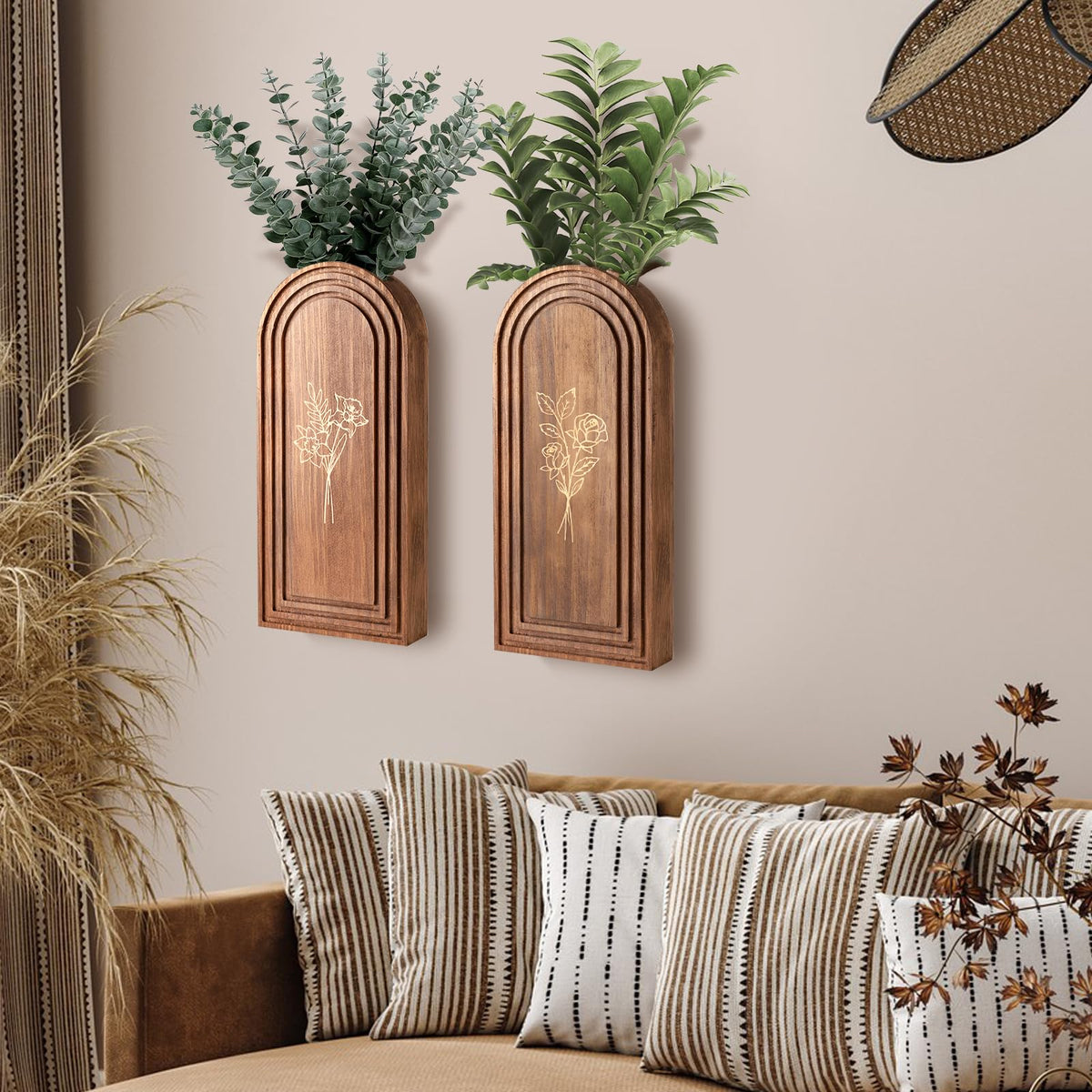Rustic Wood Wall Planter - Decorative Hanging Vase for Dried Flowers & Artificial Plants, Farmhouse Wall Art Decor for Living Room & Entryway, Set of 2 Faux Greenery Holder (Not for Live Plants)