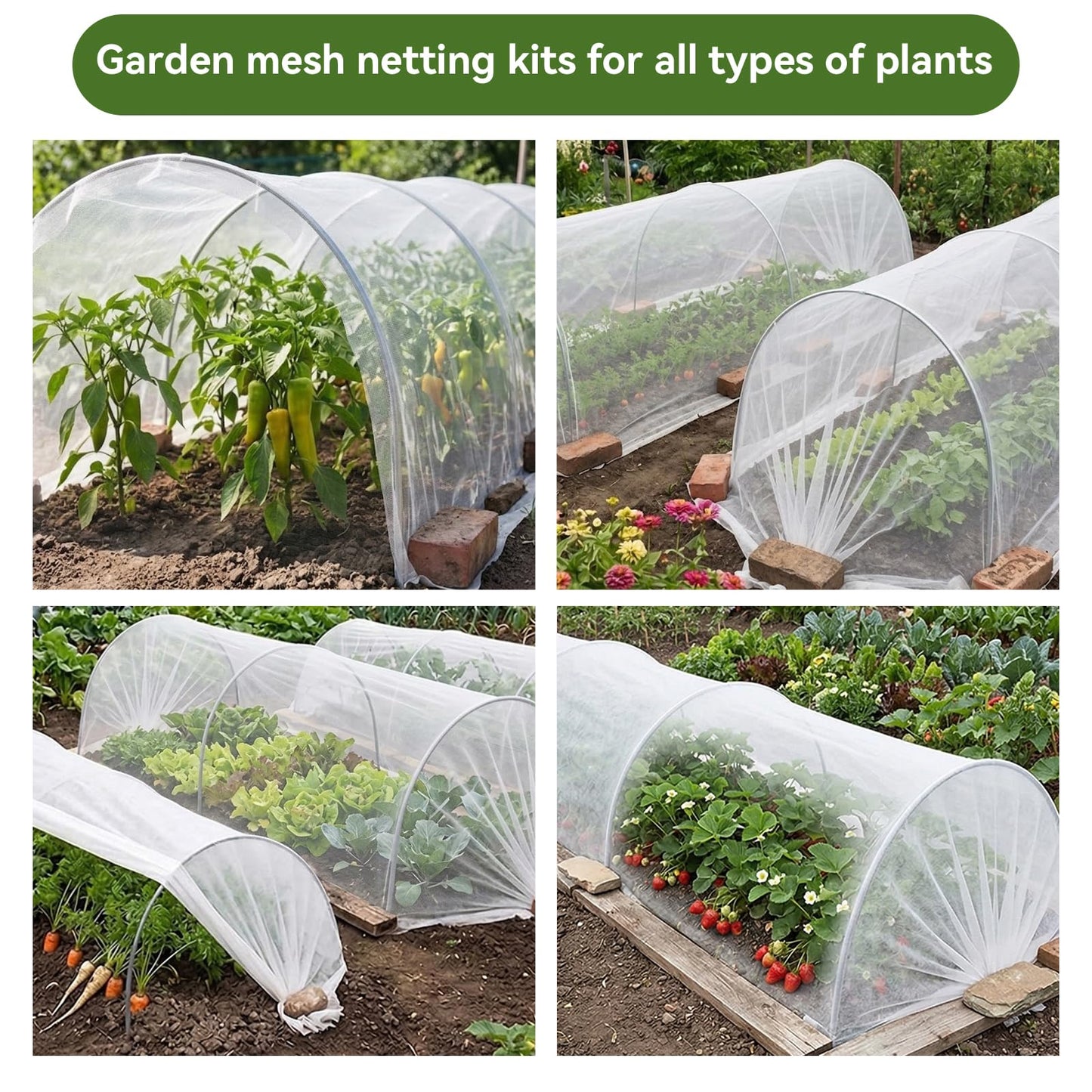 Garden Netting Kit for Raised Beds, 10x30FT Ultra Fine Mesh Netting& 6 Sets of 8FT Fiberglass Garden Hoops, Row Cover Insect Netting for Vegetable Plant Fruit Flowers Protection