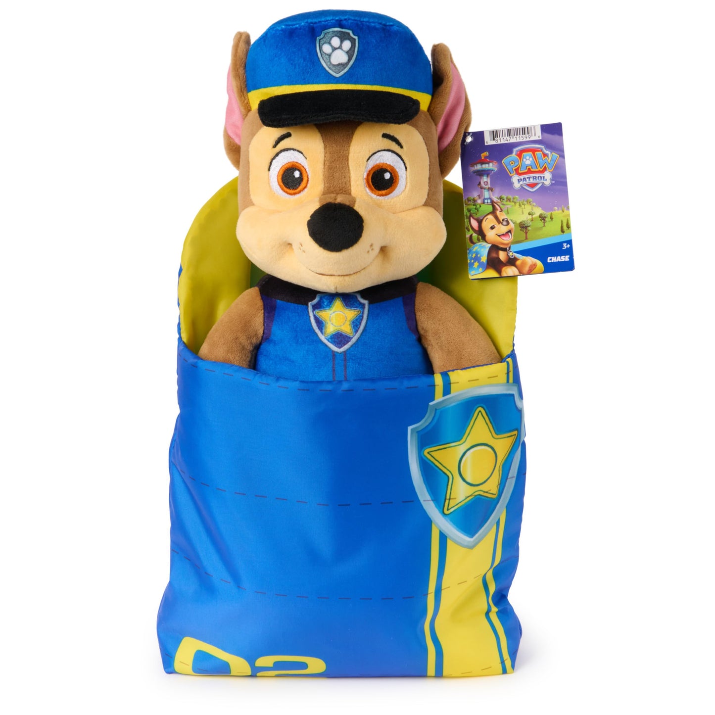 Paw Patrol Chase Bedtime Plush with Sleeping Bag, Plush Toy for Preschoolers and Toddlers, Stuffed Animal, Sensory Toy for Ages 3 and Up, 12”