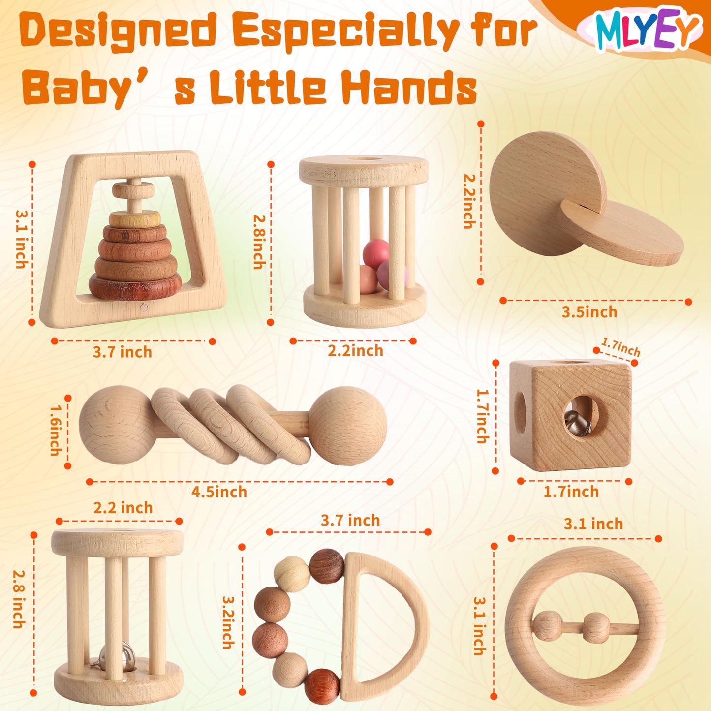 Wooden Baby Toy 8pcs, Montessori Toys for Babies 1-3 Years Old, Wooden Rattles Toy Set for Infant Grasping, Sensory Development, Gift for Baby Boys Girls (Natural Wood)