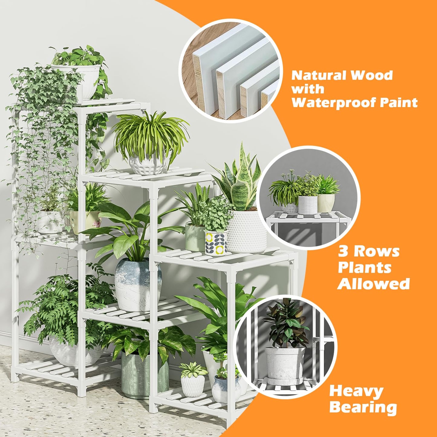 Bamworld Indoor Plant Stand Outdoor White Shelf Bamboo Plant Table for Multiple Plants 3 Tiers 7 Pots Ladder Holder Pot Window Garden Balcony Living Room