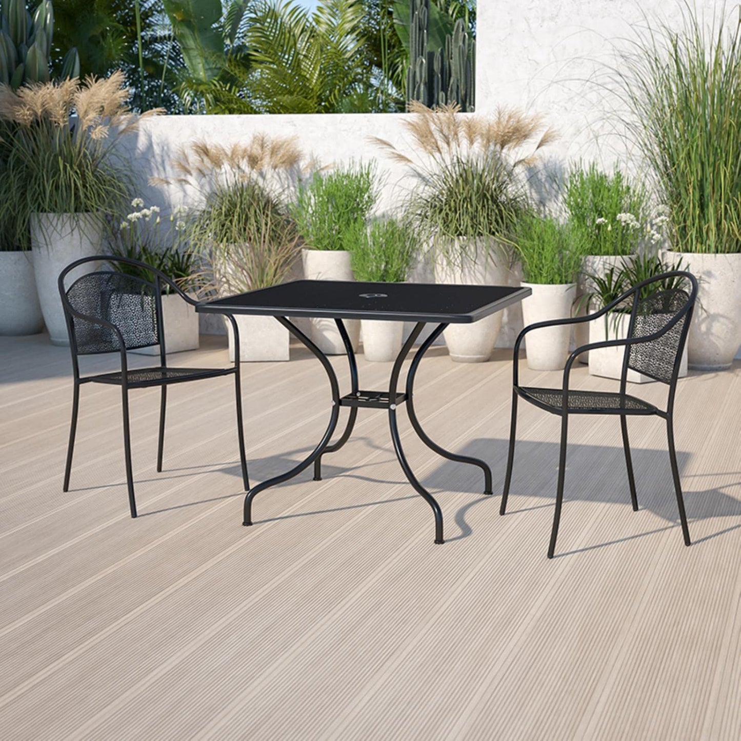 Flash Furniture Oia Commercial Grade 35.5" Square Black Indoor-Outdoor Steel Patio Table with Umbrella Hole