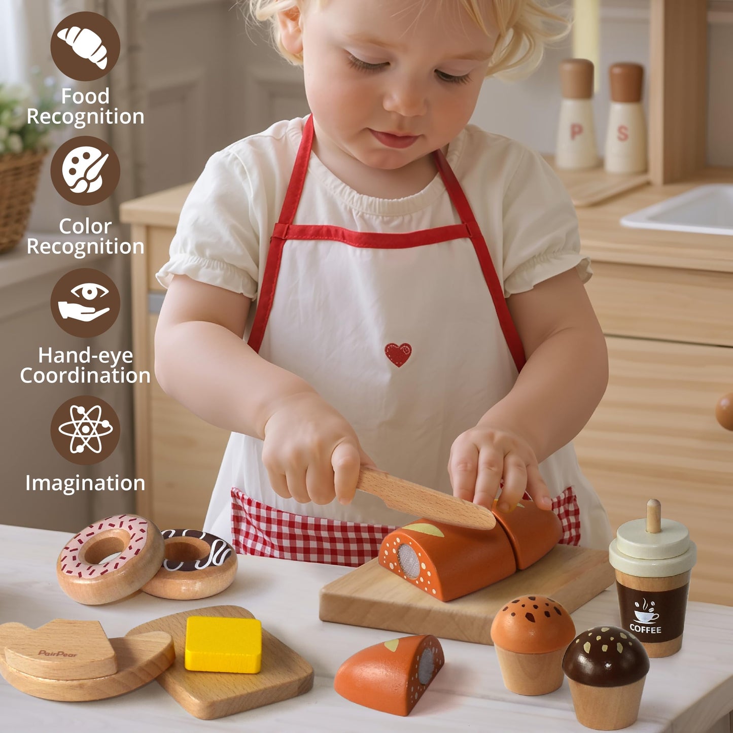 PairPear Wooden Bakery Play Food Set, Pretend Play Kitchen Accessories with Shopping Bag, Kids Cutting Food Gift for Boys and Girls Ages 3+