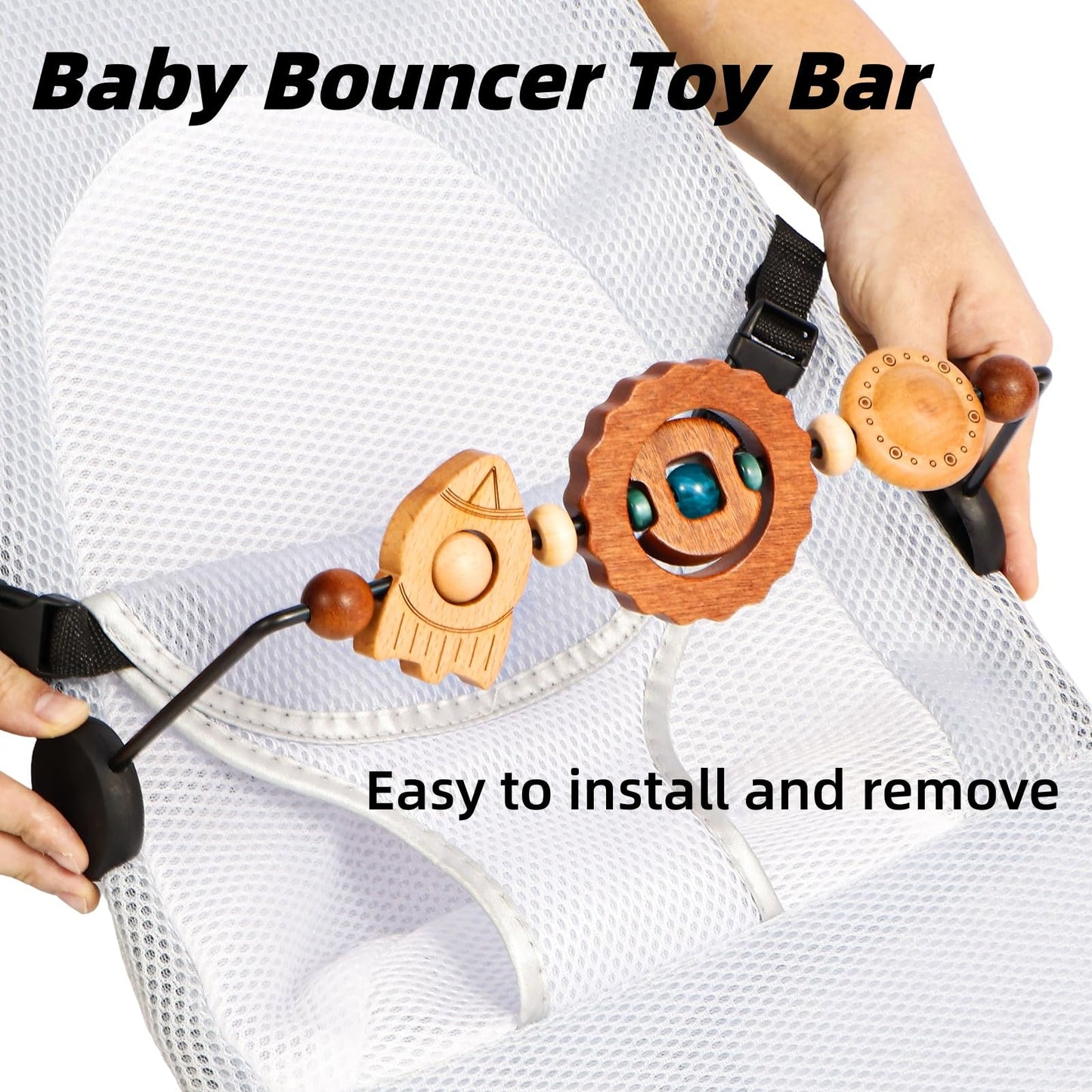 WYFWFDF Baby Bouncer Toy Bar Compatible with Baby Bjorn Bouncer, with Wooden Toys in Flying Saucer, Spaceship, and Planet Shapes to Stimulate Baby's Curiosity and Desire to Explore
