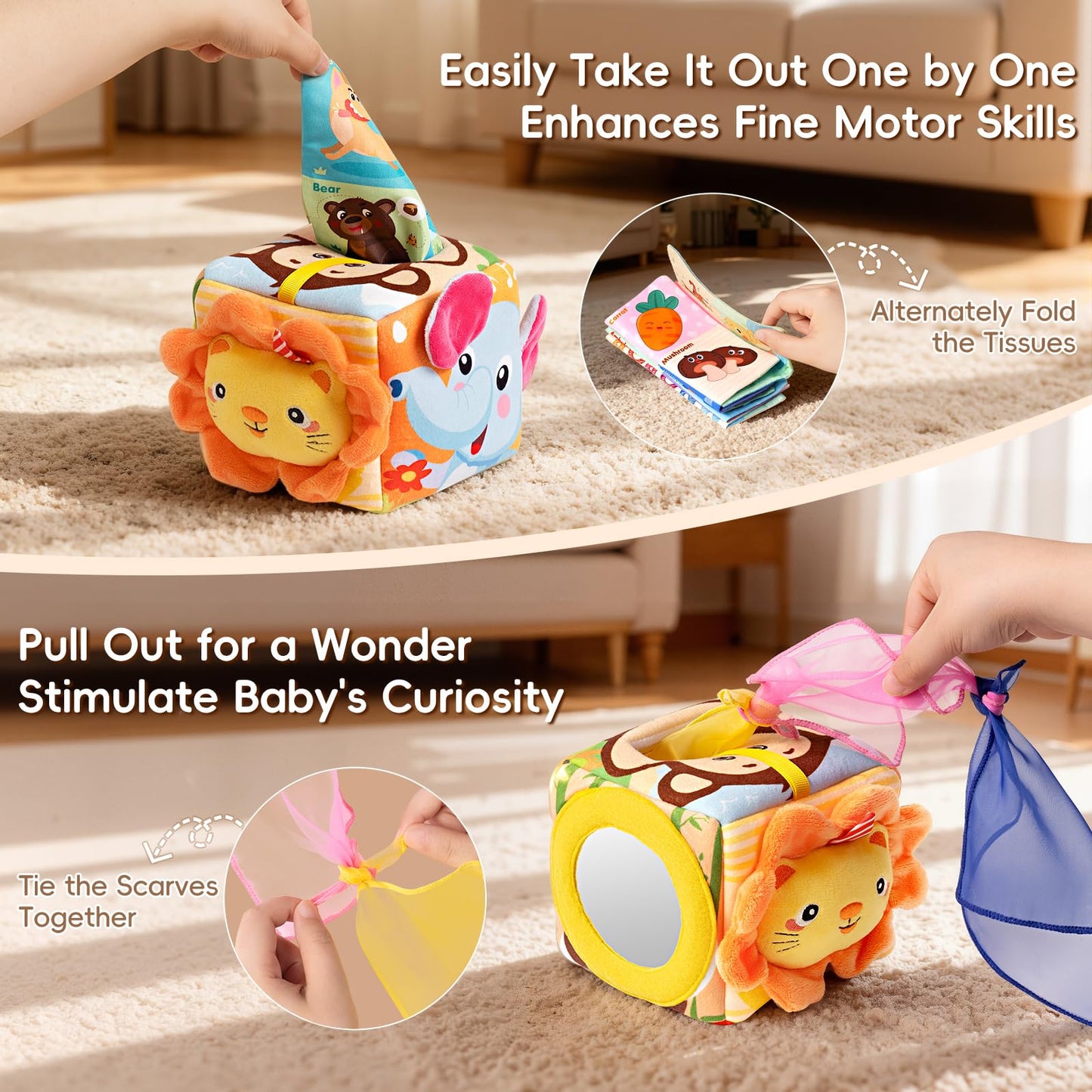 Baby Tissue Box Toy - Montessori Sensory Toys for 6-12 Months Infant, Baby Toys 6 7 8 9 Month - 1 Year Old with 6 Crinkle Tissues & 10 Scarves, Developmental Tissue Pulling Toy Boy Girl Birthday Gift