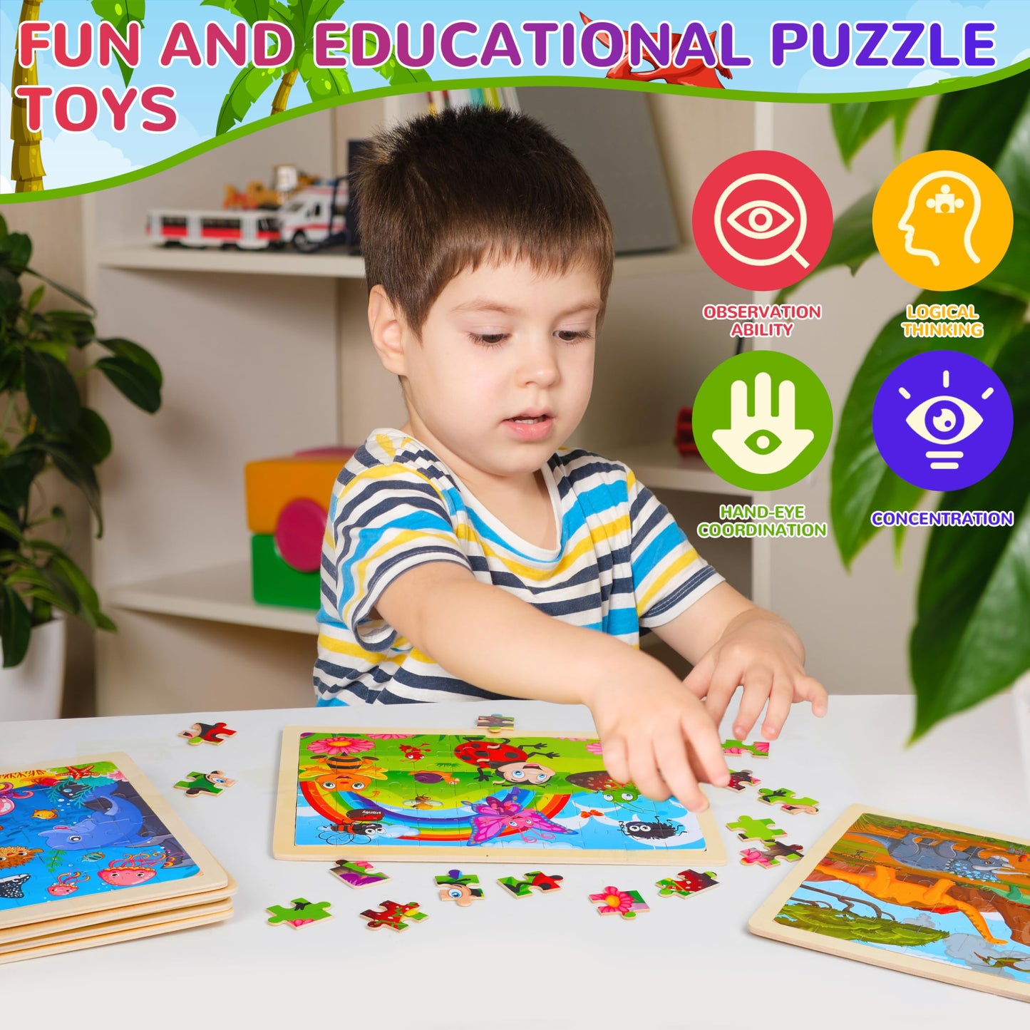 OCTERIC 7 Packs Puzzles for Kids Ages 4-6, 60 PCs Wooden Jigsaw Puzzles Preschool Educational Toys Gifts for Children Ages 4-8, Kids Puzzle for 3 4 5 6 Year Olds Boys Girls