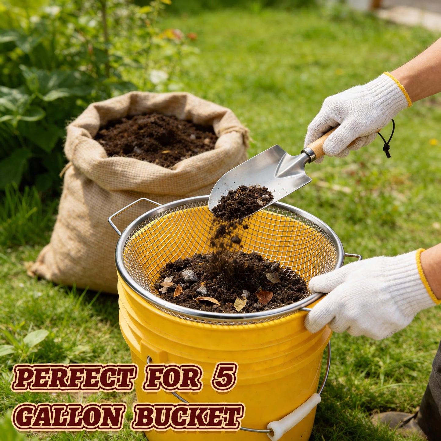 5PCS Soil Sifter, Gardening Soil Sifter with Handle Rock Compost Sifting Screen for 5 Gallon Buckets Garden Metal Sieve Strainer with Shovel 2,4,6,8,10mm Mesh Sizes Remove Stone Fine Gravel Sand Dirt