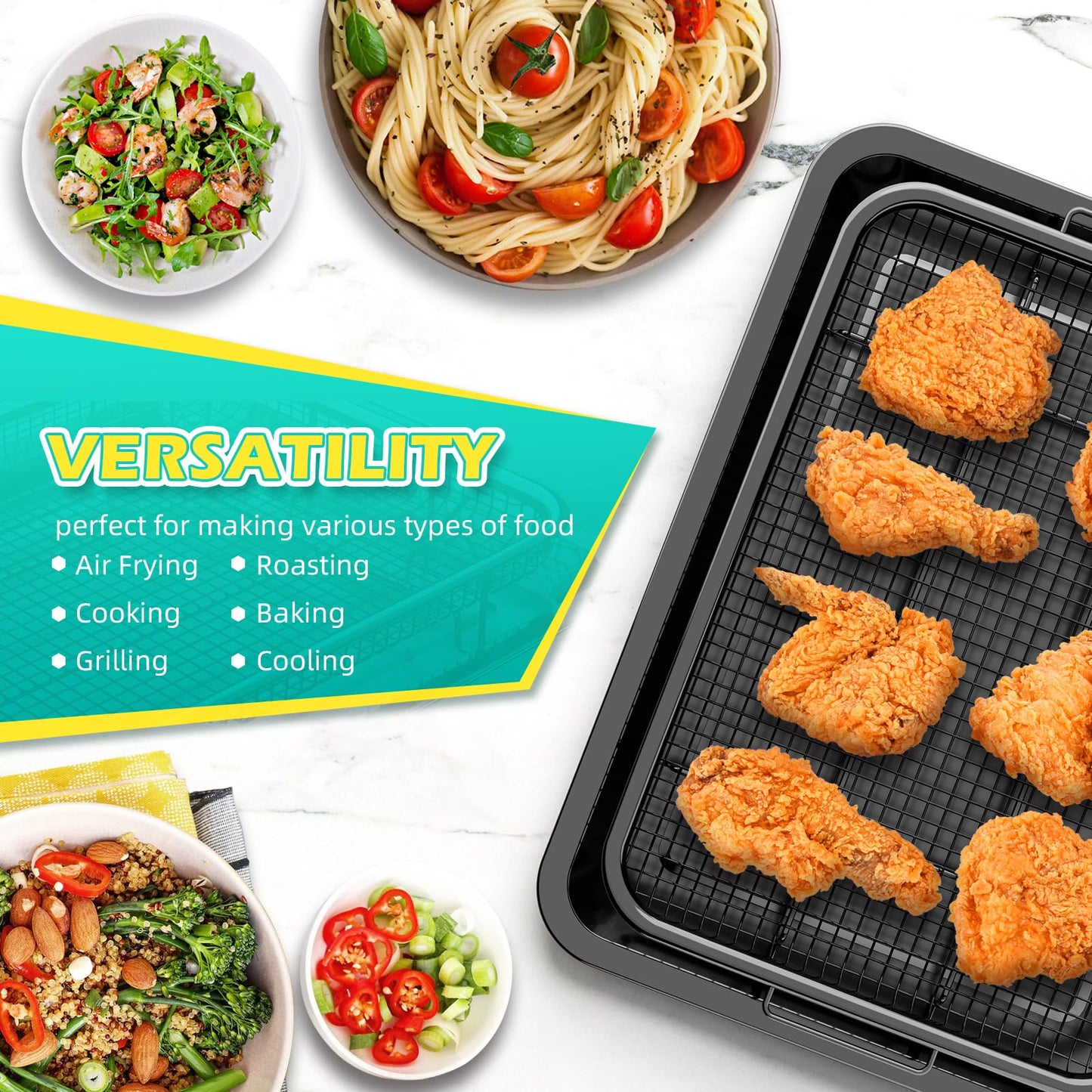 Air Fryer Basket for Oven, OPENICE 15.3" x 11.0" Air Fryer Tray and Pan Set with 30PCS Parchment Papers, Stainless Steel Oven Air Fryer Basket and Tray for Baking Grilling - Black